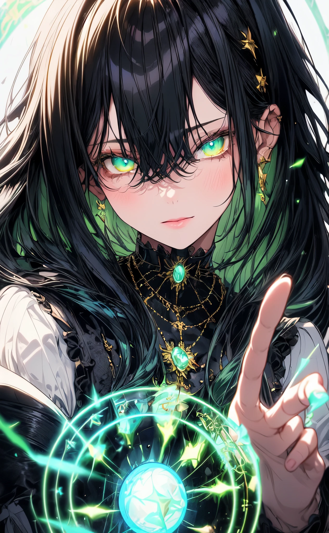 (masterpiece, best quality, ultra-detailed, best shadow), (detailed background,dark fantasy), (handsome detailed face), high contrast, (best illumination, an extremely delicate and beautiful), ((cinematic light)), colorful, hyper detail, dramatic light, intricate details, (1girl, solo, black with green hair, sharp face, green eyes, hair between eyes,dynamic angle), blood splatter, swirling black light around the character, depth of field,black light particles,(broken glass),magic circle, beautiful white nsfw dress, 