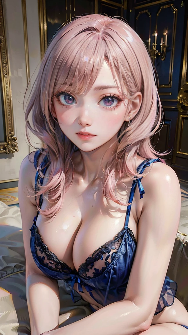 ((Highest quality, 8k, masterpiece :1.3)), (Sharp focus :1.2, Beautiful woman with perfect figure :1.4, Slim Abs), ((Big Breasts, Emphasize cleavage:1.2)), (Photorealistic:1.4), (realistic:1.4), (Pink Hair:1.5), Highly detailed face and skin texture, Fine grain, double eyelid. Makeup face, A little bit of lipstick, sex appeal, Sexy gravure pose, ((A glamorous woman wearing blue see-through lingerie、In a room with a view of the Louvre in Paris、Lie down with your legs spread。:1.3))