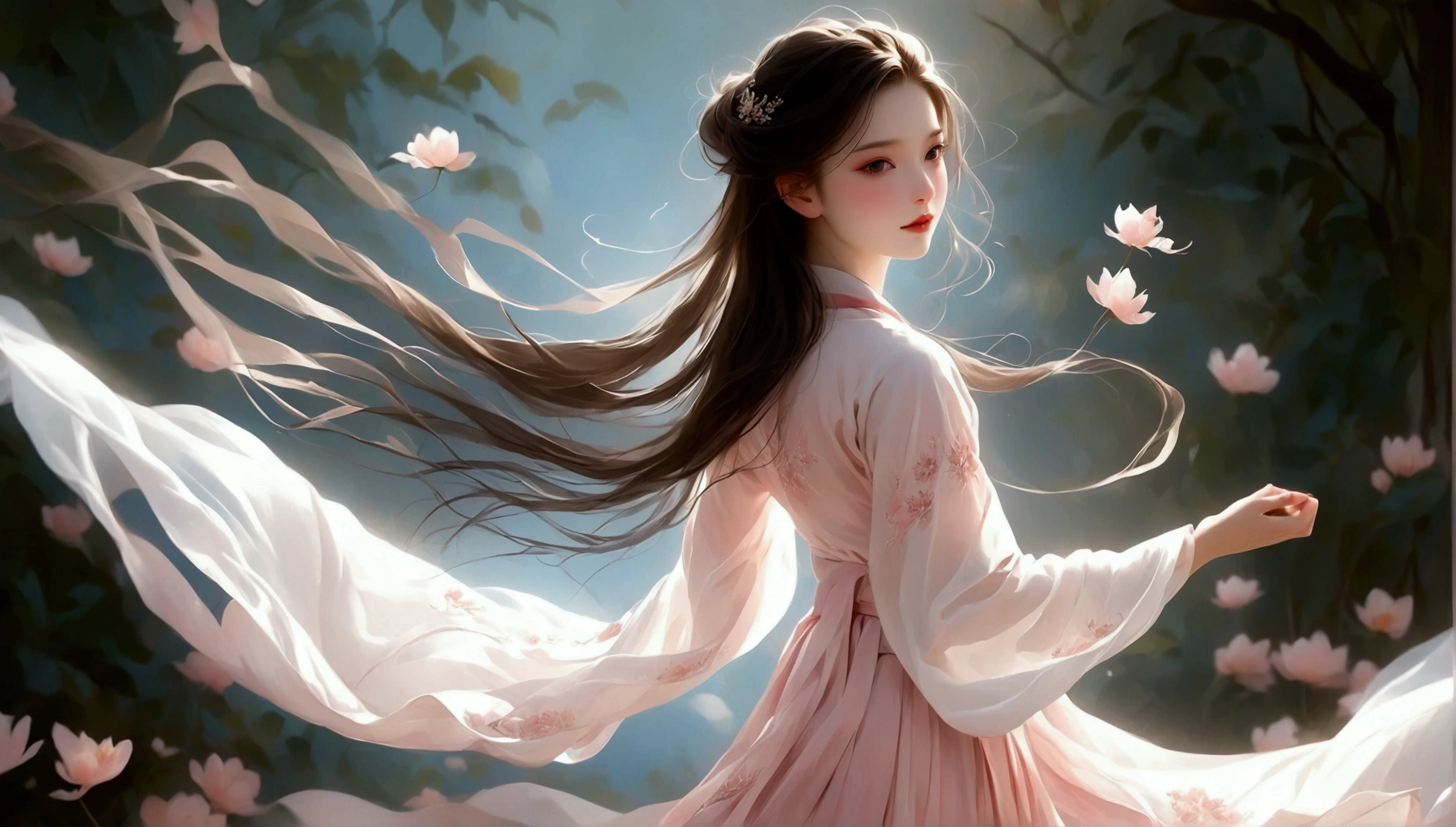 A little girl dancing；[Dark Eyes，confidence，High and cold，happy]；[Long skirt，Elegant，Long sleeve；Set，Light pink and white gradient，Traditional style，The skirt has no pattern，Long skirt下摆像花瓣，Connect with the background,]；Full body panorama 1.5，Character front；Composition：The character is on the right side of the screen，Large area of white space；Long hair in the wind,Fashion, Dynamic photography, Dynamic photography；Influence of modernism, nature, , modern Art, Astonishing, blur background, Soft lighting，Character front光, happy emotion, Simple style；Minimalism。Panoramic photography；Shallow depth of field, Extraordinary details, masterpiece, high quality, 4K，cinematic lighting, motion blur, depth of field, sparkle, ray tracing, reflection light, anatomically correct, uhd, textured skin, best quality, super detail, highres, high details, accurate, high quality, award winning。