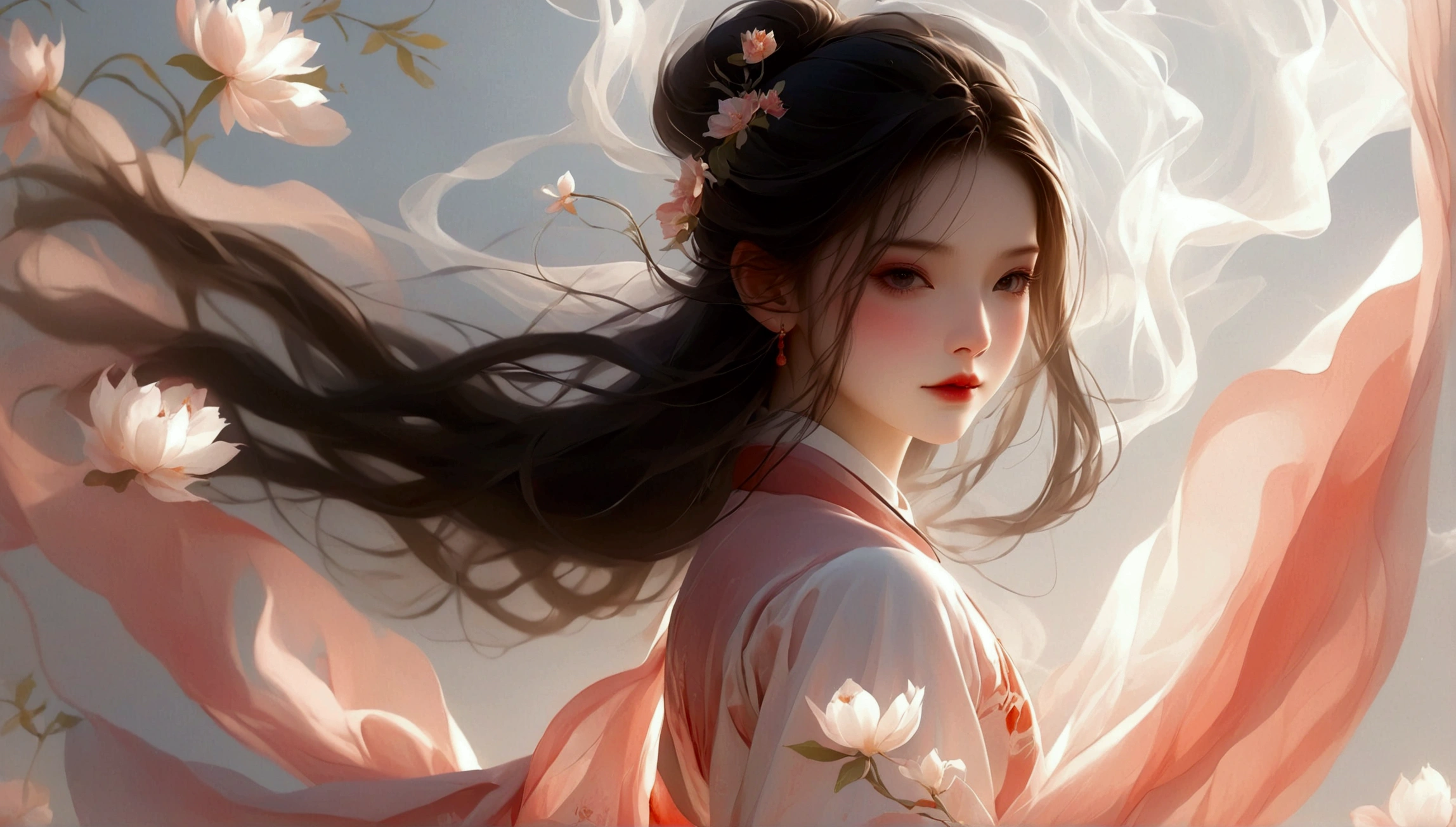 A little girl dancing；[Dark Eyes，confidence，High and cold，happy]；[Long skirt，Elegant，Long sleeve；Set，Light pink and white gradient，Traditional style，The skirt has no pattern，Long skirt下摆像花瓣，Connect with the background,]；Full body panorama 1.5，Character front；Composition：The character is on the right side of the screen，Large area of white space；Long hair in the wind,Fashion, Dynamic photography, Dynamic photography；Influence of modernism, nature, , modern Art, Astonishing, blur background, Soft lighting，Character front光, happy emotion, Simple style；Minimalism。Panoramic photography；Shallow depth of field, Extraordinary details, masterpiece, high quality, 4K，cinematic lighting, motion blur, depth of field, sparkle, ray tracing, reflection light, anatomically correct, uhd, textured skin, best quality, super detail, highres, high details, accurate, high quality, award winning。
