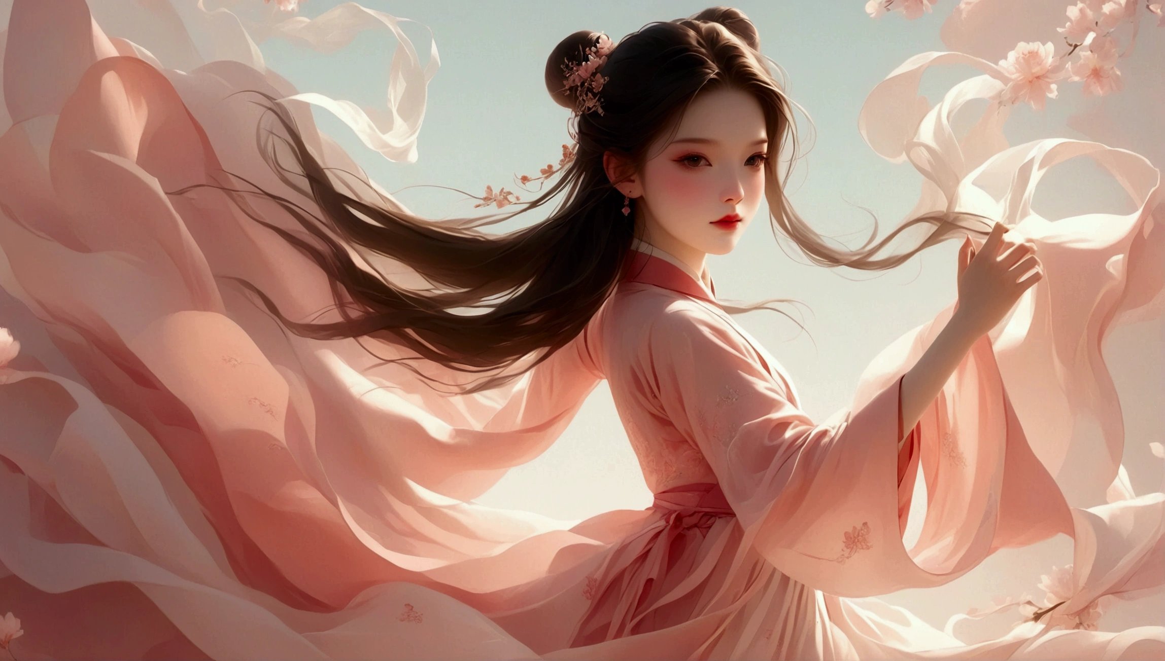 A little girl dancing；[Dark Eyes，confidence，High and cold，happy]；[Long skirt，Elegant，Long sleeve；Set，Light pink and white gradient，Traditional style，The skirt has no pattern，Long skirt下摆像花瓣，Connect with the background,]；Full body panorama 1.5，Character front；Composition：The character is on the right side of the screen，Large area of white space；Long hair in the wind,Fashion, Dynamic photography, Dynamic photography；Influence of modernism, nature, , modern Art, Astonishing, blur background, Soft lighting，Character front光, happy emotion, Simple style；Minimalism。Panoramic photography；Shallow depth of field, Extraordinary details, masterpiece, high quality, 4K，cinematic lighting, motion blur, depth of field, sparkle, ray tracing, reflection light, anatomically correct, uhd, textured skin, best quality, super detail, highres, high details, accurate, high quality, award winning。