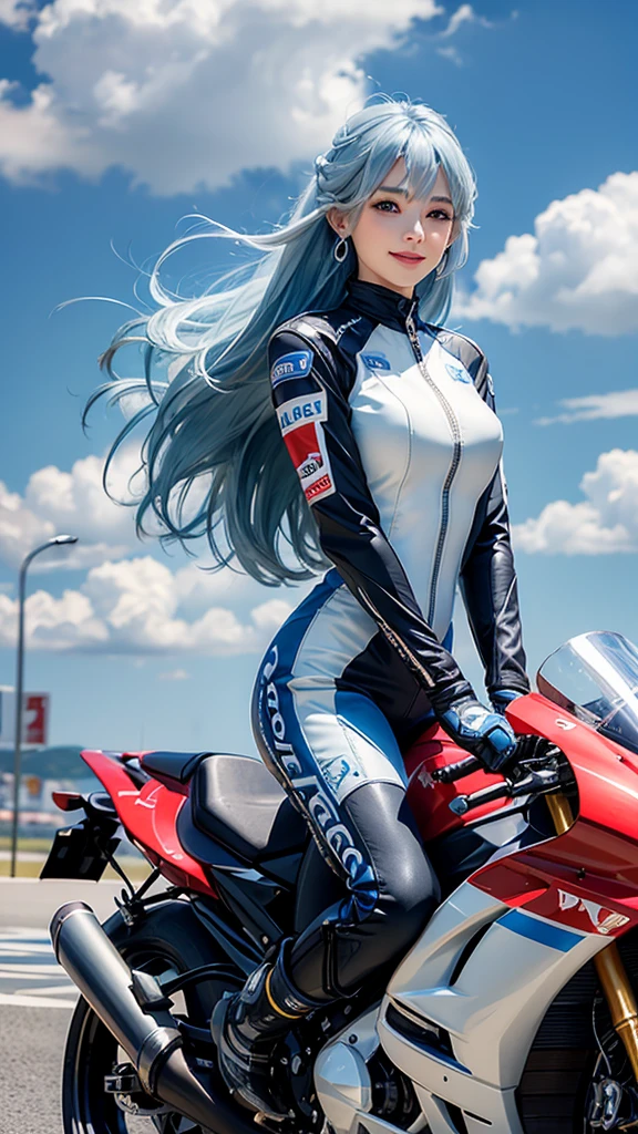 Long Hair, solo, Beautiful woman with a cute smile、smile, blue sky、White cloud、Silver Hair/Light blue mesh hair, Light blue eyes, High resolution, masterpiece, Long Hair, Hair blowing in the wind, Glamorous figure、The zipper on the chest comes down、Earrings, smile, Full-face helmet、Wearing a motorcycle racing suit、Racing Boots、Racing Gloves、A large red racing motorcycle、The car is decorated with sponsor stickers、The helmet shield is reflected in the surrounding scenery、That shortcut, Silver Hair, Blue Hair/Light blue hair, Dynamic lighting style shot of a motorcycle
