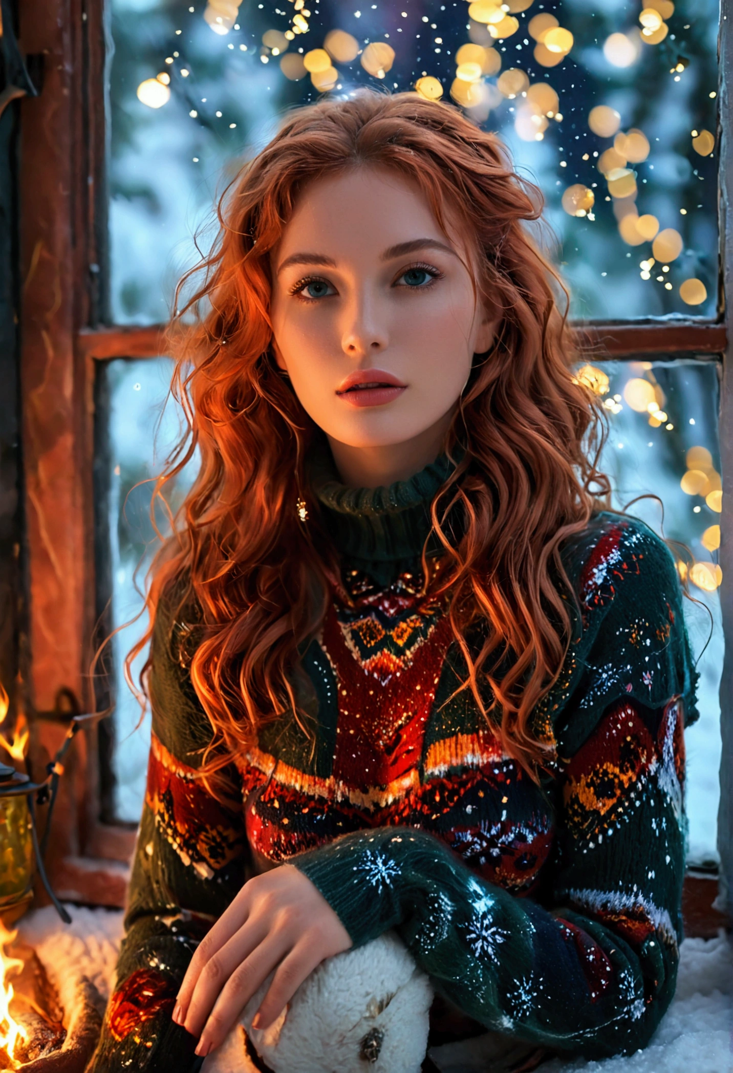 An ultra hot beautiful european woman, age 23, red wavy hair. she's a playmate, men magazine model, enjoying a cozy evening by the fire. She wears a turtleneck winter color wool sweater and tight shorts. Trough the window, winter starry night. Northern lights, Perfect anatomy, perfect hair, perfect breast, perfect body, perfect hands, perfect face, UHD, retina, masterpiece, accurate, anatomically correct, textured skin