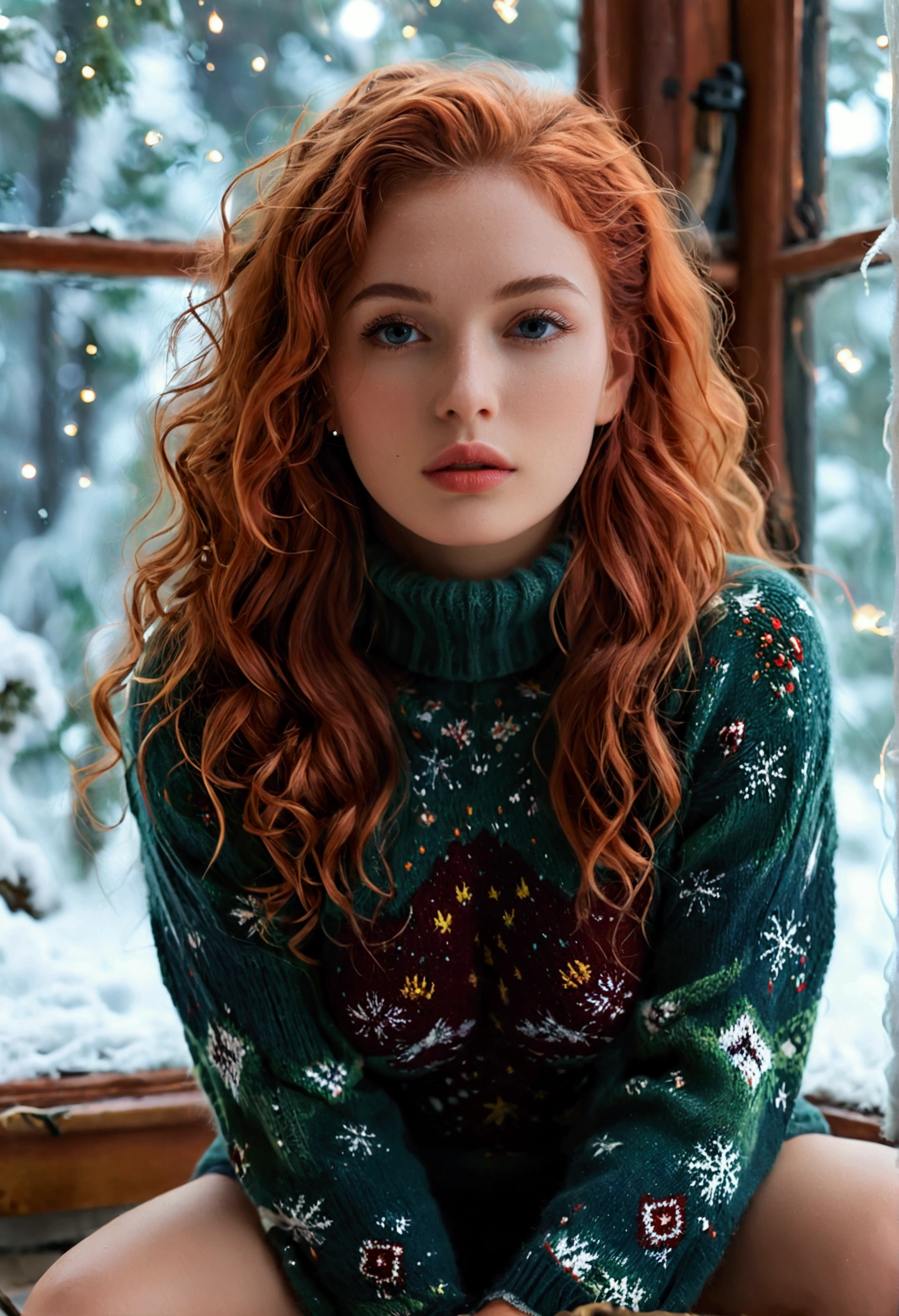 An ultra hot beautiful european woman, age 23, red wavy hair. she's a playmate, men magazine model, enjoying a cozy evening by the fire. She wears a turtleneck winter color wool sweater and tight shorts. Trough the window, winter starry night. Northern lights, Perfect anatomy, perfect hair, perfect breast, perfect body, perfect hands, perfect face, UHD, retina, masterpiece, accurate, anatomically correct, textured skin, cleavage