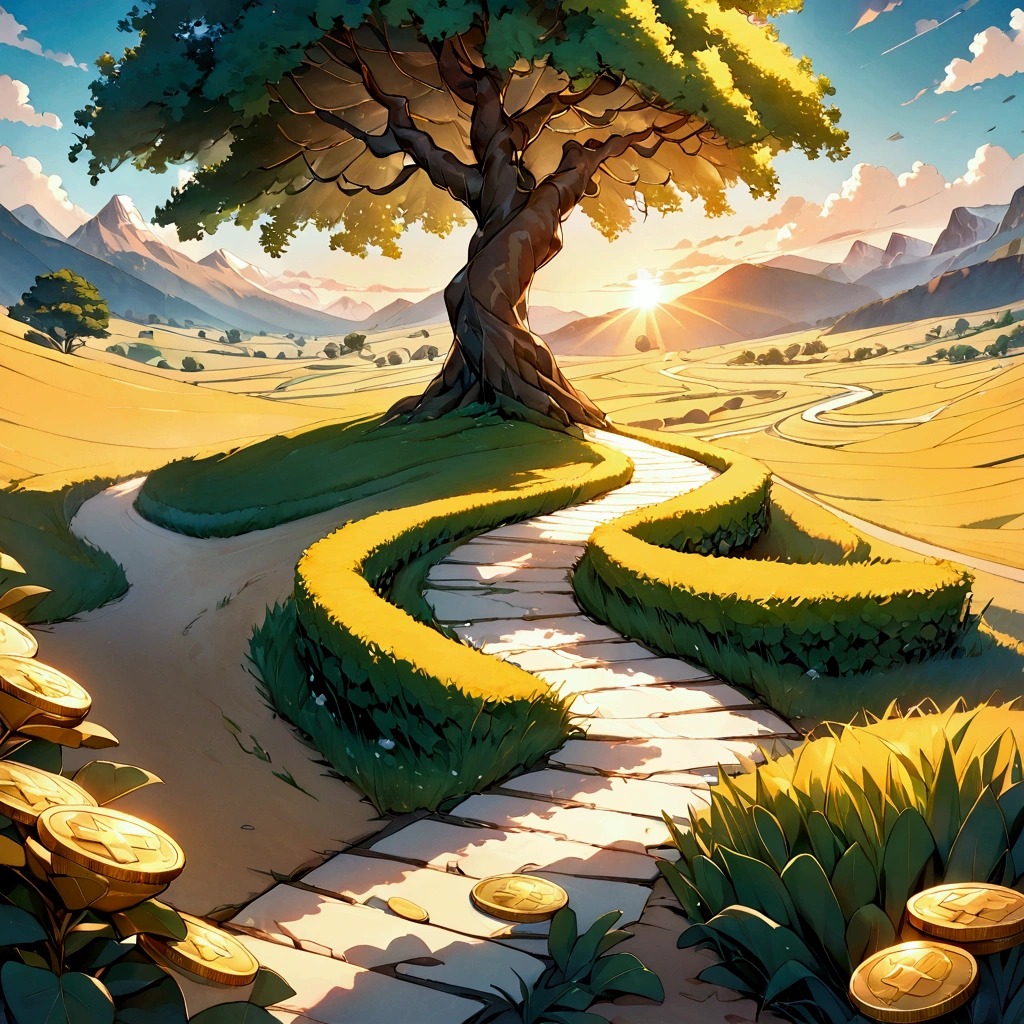 Best quality，A tree is surrounded by vines，The tree is surrounded by gold coins Vast Field: Illustrate a vast field with a backdrop of clear blue skies. Crypto Coins: Include images of various cryptocurrencies like Bitcoin, Ethereum, and other altcoins growing on the field. Natural Landscape: Incorporate natural elements such as trees, green hills, and a sunrise casting a golden glow on the coins. Pathway: Depict a winding pathway traversing the field, indicating directions to explore various opportunities. 