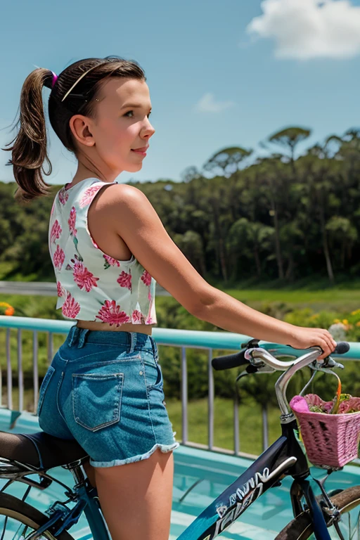 a young Millie Bobby Brown sitting astraddle atop the side of a bicycle with flowers in the background, 1 girl, Alone, Bermuda, is, shirt, black Bermuda, thighs, outdoor, mirando al ispectador, sleeveless, crop top, sleeveless shirt, hombros discubiertos, blue shirt, haddock, vehículo terristre, short Bermuda, diaphragm, day, bicycle, brazos disnudos, old, looking back, side ponytail, :t, dolphin Bermuda