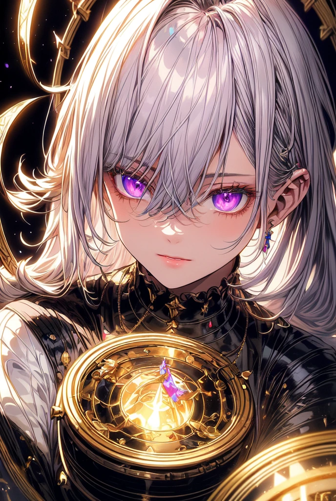 (masterpiece, best quality, ultra-detailed, best shadow), (detailed background,dark fantasy), (handsome detailed face), high contrast, (best illumination, an extremely delicate and beautiful), ((cinematic light)), colorful, hyper detail, dramatic light, intricate details, (1male, solo,white hair, sharp face,purple eyes, hair between eyes,dynamic angle), blood splatter, swirling black light around the character, depth of field,black light particles,(broken glass),magic circle,