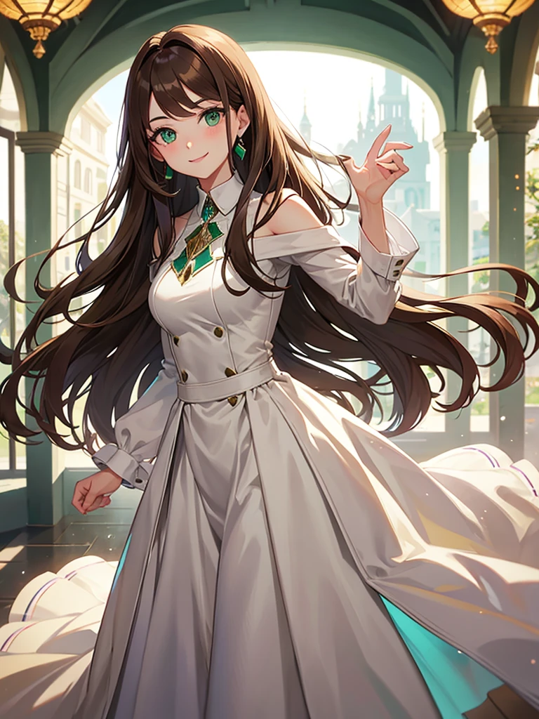 adult woman, long brown hair, green eyes, White formal wear, pomade, smile, masterpiece, high quality