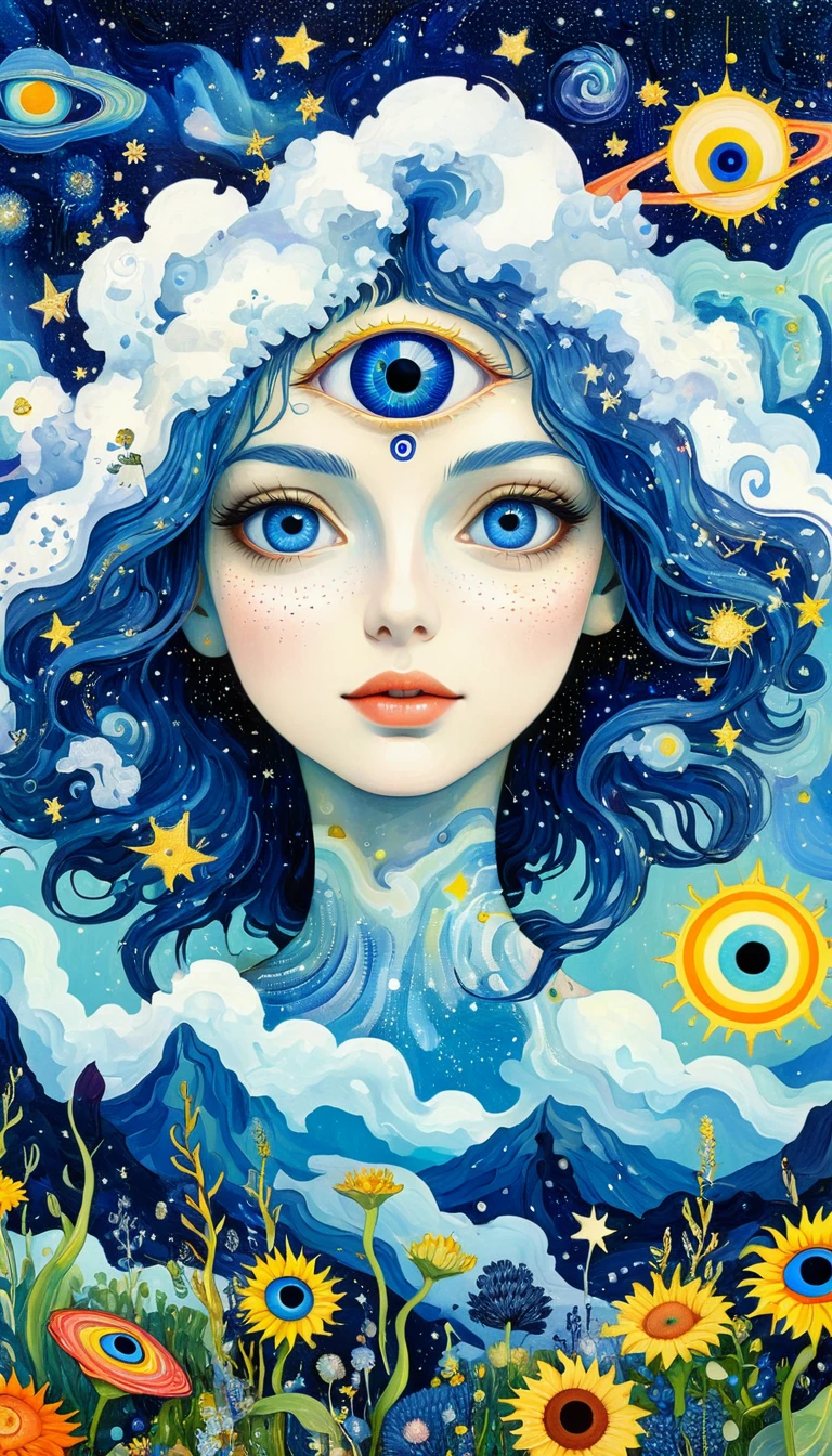 Van Gogh Art Style:Psychedelic Art。plant、Marine Life、(((Charming eyes,The Third Eye)))、cloud、Starry Sky,Galaxy、Planet、Stitching together an abstract painting,Describing the inner world of autistic people,Sense of space,Blank,White space,Pointillism method,Childish lines,Klein Blue