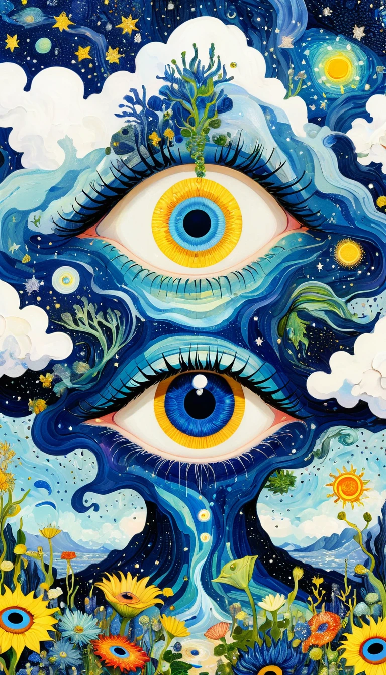 Van Gogh Art Style:Psychedelic Art。plant、Marine Life、(((Charming eyes,The Third Eye)))、cloud、Starry Sky,Galaxy、Planet、Stitching together an abstract painting,Describing the inner world of autistic people,Sense of space,Blank,White space,Pointillism method,Childish lines,Klein Blue