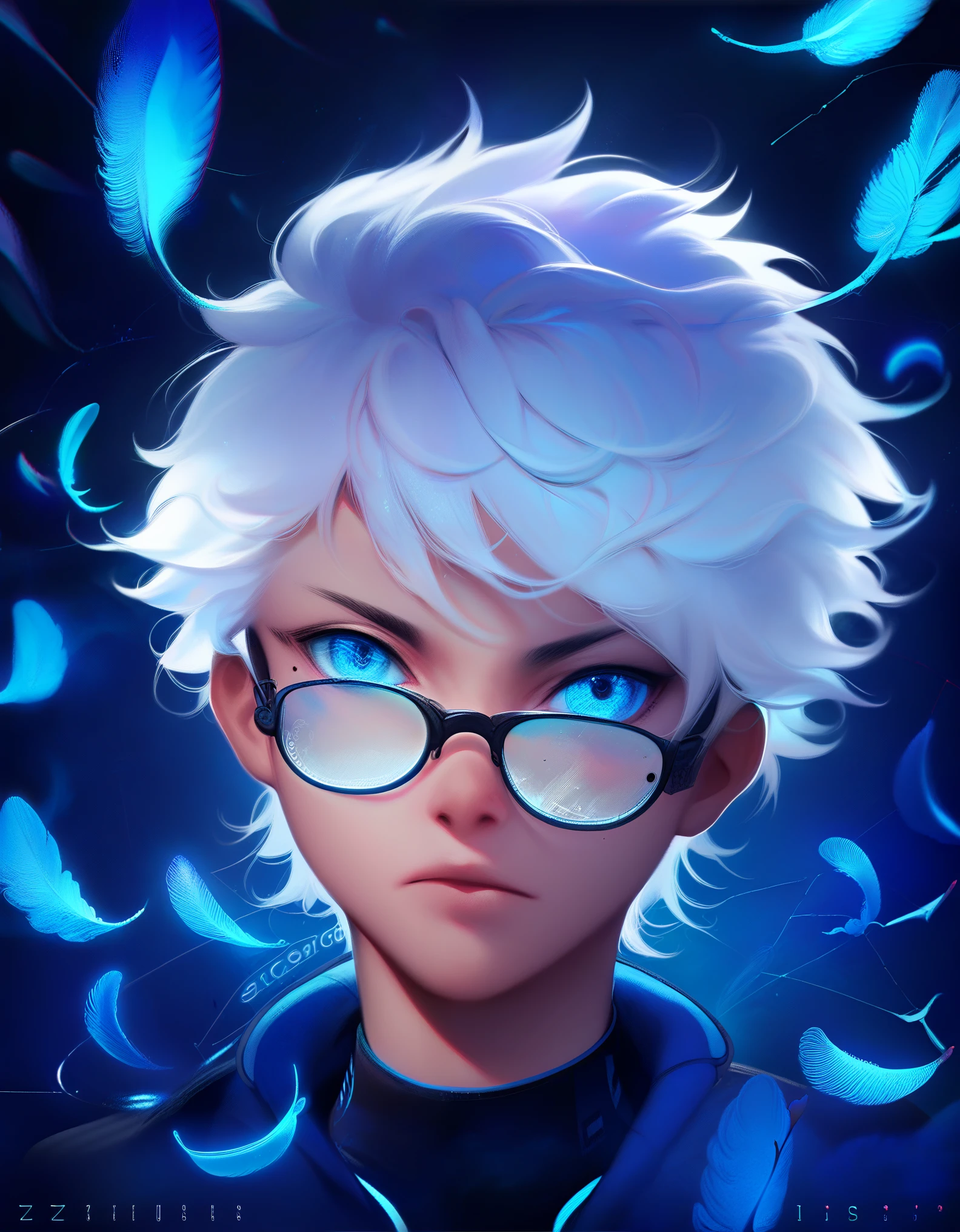 (score_9, score_8_up, score_7_up), zPDXL, 1 boy, alone, looking at viewer, simple warm colored background, neon blue eyes, close-up, short hair, white hair, broken glasses, lenses, neon blue feathers falling, serious look, determination, dark aura, front view, masterpiece, best quality, hyper detailed, cinematic light, intricate detail, high resolution, official art, detailed glow, blue light feathers, portrait, the pupil of the eyes with detailed structures, miracle, dark atmosphere, neon blue feathers, mole, jewelry accessories, diffraction peak, vibrant colors, concept artist, electronic links, falling feather