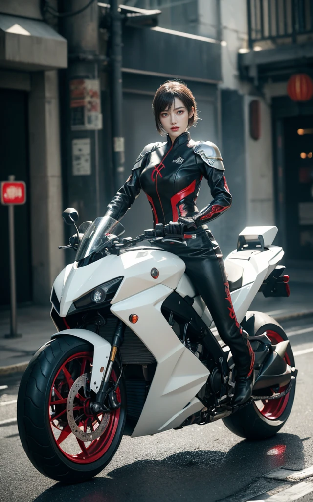 Alien technology fashion , fashion photography , Inspired by Cyberpunk。(best quality,4K,8K,high resolution,masterpiece:1.2), (Practical,Reality,Photo-real:1.37).masterpiece,Game Art,Best picture quality,最high resolution,8K,,Unreal Engine 5 rendering works,(Digital Photography), 20 year old girl,Short hair details,Long bangs,(The red eye makeup is carefully applied),(Large target, Full breasts),Elegance and nobility,Brave and charming,(Half-length photo)(Riding a large sci-fi cool white motorcycle)(Exaggerated sci-fi avant-garde motorcycle racing) (The future armor combines the characteristics of Chinese armor,hollow-carved design,Power Armor,Mysterious oriental runes,Exquisite clothing patterns,Magic Flash),Future Warrior,Cyberpunk Characters,War Background, light,Ray Tracing,Game CG,((3D Unreal Engine)),OC rendering reflection mode,blur background