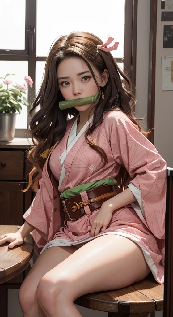Masterpiece, Best Quality, High Resolution, Venus1, 1Girl, Solo, Tsuko Kamato, Penis Gag, Hair (brown), Plaid Belt, Gag, Gag, Gradient Hair, Hair Ribbon, Haori, Japanese Clothing, Very Short Kimono, Brown Long Hair, Looking at the Audience, Multicolored Hair, Brown Eyes, Very Short Pink Kimono, thighs exposed, shooting from below, wind from below, Pink Ribbon, Ribbon, Solo, (((Masterpiece)), Forehead, Sitting, kitchen table, Angry, Eyes wide, hips very wide, thighs very thick