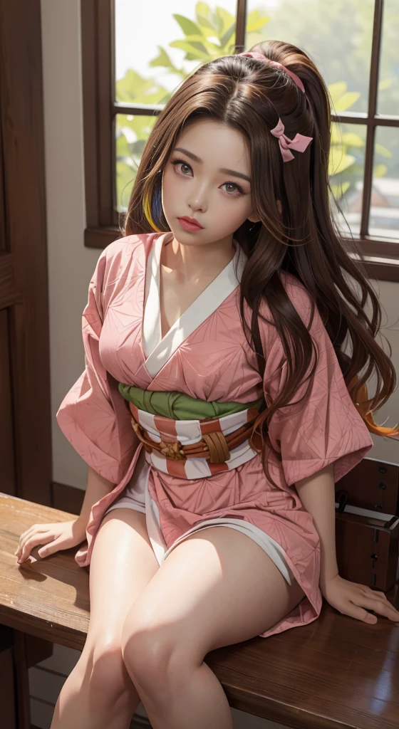 Masterpiece, Best Quality, High Resolution, Venus1, 1Girl, Solo, Tsuko Kamato, Penis Gag, Hair (brown), Plaid Belt, Gag, Gag, Gradient Hair, Hair Ribbon, Haori, Japanese Clothing, Very Short Kimono, Brown Long Hair, Looking at the Audience, Multicolored Hair, Brown Eyes, Very Short Pink Kimono, thighs exposed, shooting from below, wind from below, Pink Ribbon, Ribbon, Solo, (((Masterpiece)), Forehead, Sitting, kitchen table, Angry, Eyes wide, hips very wide, thighs very thick