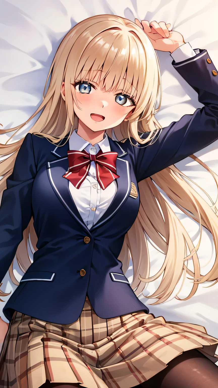 {{{masterpiece}}}, {{{best quality}}}, {{ultra-detailed}}, {illustration}, {{an extremely delicate and beautiful}}, (beautiful detailed eyes:1.6), extremely detailed face, 16k, anime face, Shiina Mahiru(The Angel Next Door Spoils Me Rotten), aamahiru, cute face, long hair, Blonde Hair, Brown eyed(High resolution eyes, Beautiful eyes、Light in the eyes), flushed cheeks, Slender, medium breasts, thin waist, big hips, curvaceous, red bowtie, blue jacket, blazer, long sleeves, white shirt, pleated skirt, plaid skirt, brown skirt, pantyhose, zettai ryouiki, BREAK,1girl, solo, lying, on back, smiling, open mouth, embarrassed, flushed cheeks, looking at viewer, on the bed, dakimakura