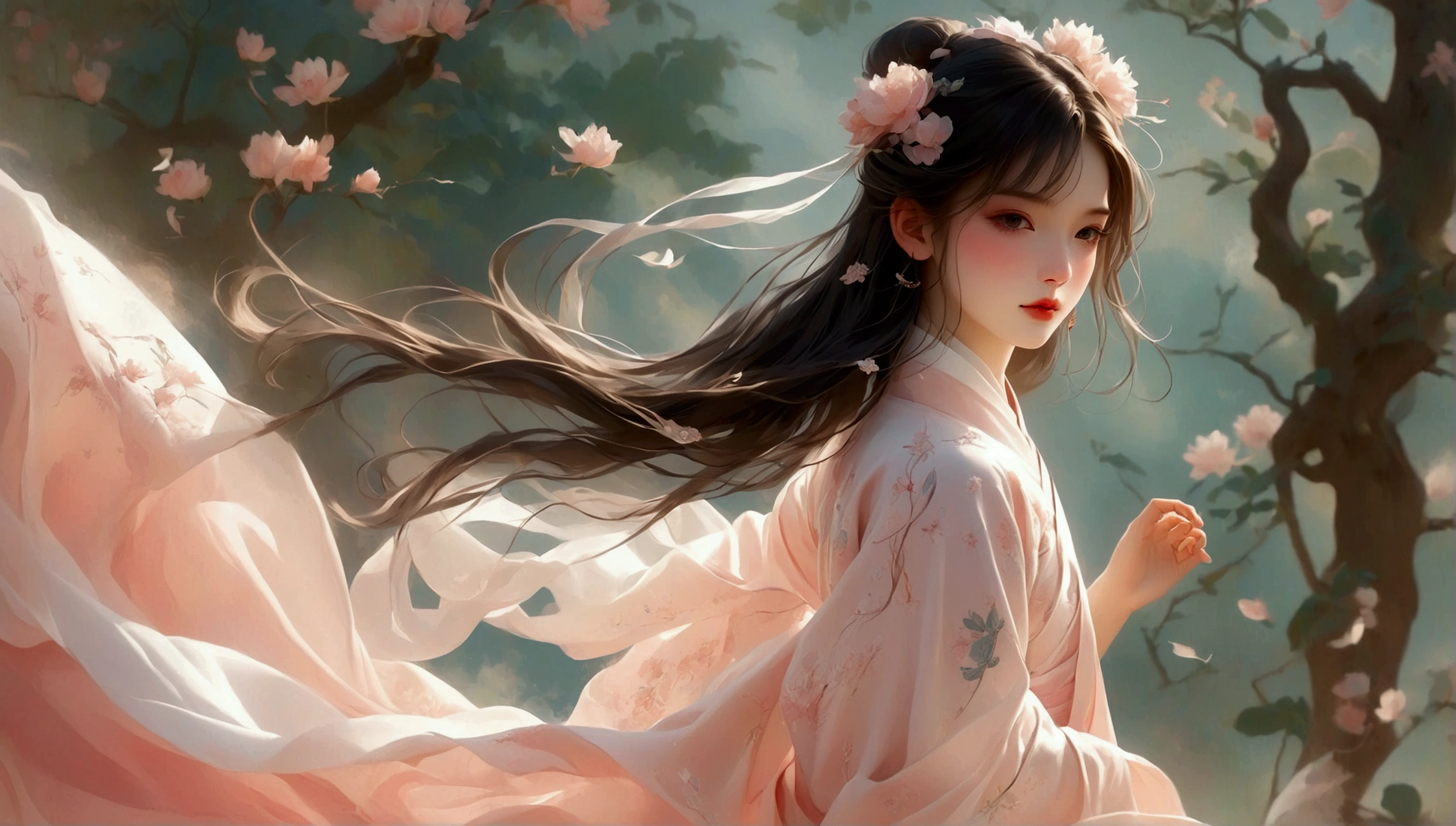 A little girl dancing；[Dark Eyes，confidence，High and cold，happy]；[Long skirt，Elegant，Long sleeve；Set，Light pink and white gradient，Traditional style，The skirt has no pattern，Long skirt下摆像花瓣，Connect with the background,]；Full body panorama 1.5，Character front；Composition：The character is on the right side of the screen，Large area of white space；Long hair in the wind,Fashion, Dynamic photography, Dynamic photography；Influence of modernism, nature, , modern Art, Astonishing, blur background, Soft lighting，Character front光, happy emotion, Simple style；Minimalism。Panoramic photography；Shallow depth of field, Extraordinary details, masterpiece, high quality, 4K，cinematic lighting, motion blur, depth of field, sparkle, ray tracing, reflection light, anatomically correct, uhd, textured skin, best quality, super detail, highres, high details, accurate, high quality, award winning。