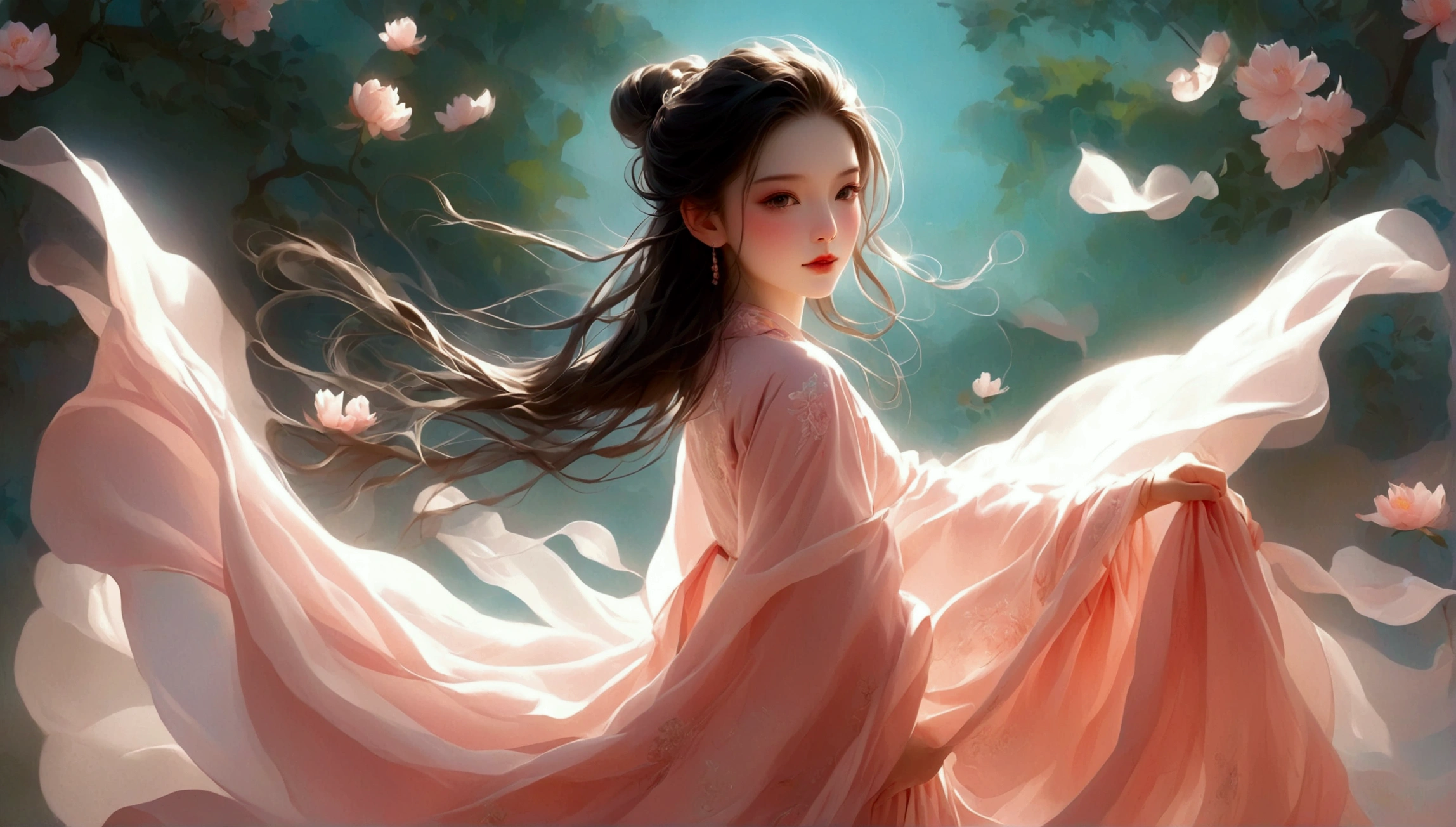 A little girl dancing；[Dark Eyes，confidence，High and cold，happy]；[Long skirt，Elegant，Long sleeve；Set，Light pink and white gradient，Traditional style，The skirt has no pattern，Long skirt下摆像花瓣，Connect with the background,]；Full body panorama 1.5，Character front；Composition：The character is on the right side of the screen，Large area of white space；Long hair in the wind,Fashion, Dynamic photography, Dynamic photography；Influence of modernism, nature, , modern Art, Astonishing, blur background, Soft lighting，Character front光, happy emotion, Simple style；Minimalism。Panoramic photography；Shallow depth of field, Extraordinary details, masterpiece, high quality, 4K，cinematic lighting, motion blur, depth of field, sparkle, ray tracing, reflection light, anatomically correct, uhd, textured skin, best quality, super detail, highres, high details, accurate, high quality, award winning。