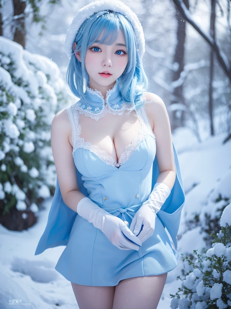 Snow Country High Resolution Light Blue Hair, Cleavage, Snow Flowers on Thighs 19 Years Old　Droopy eyes 3D gloves

