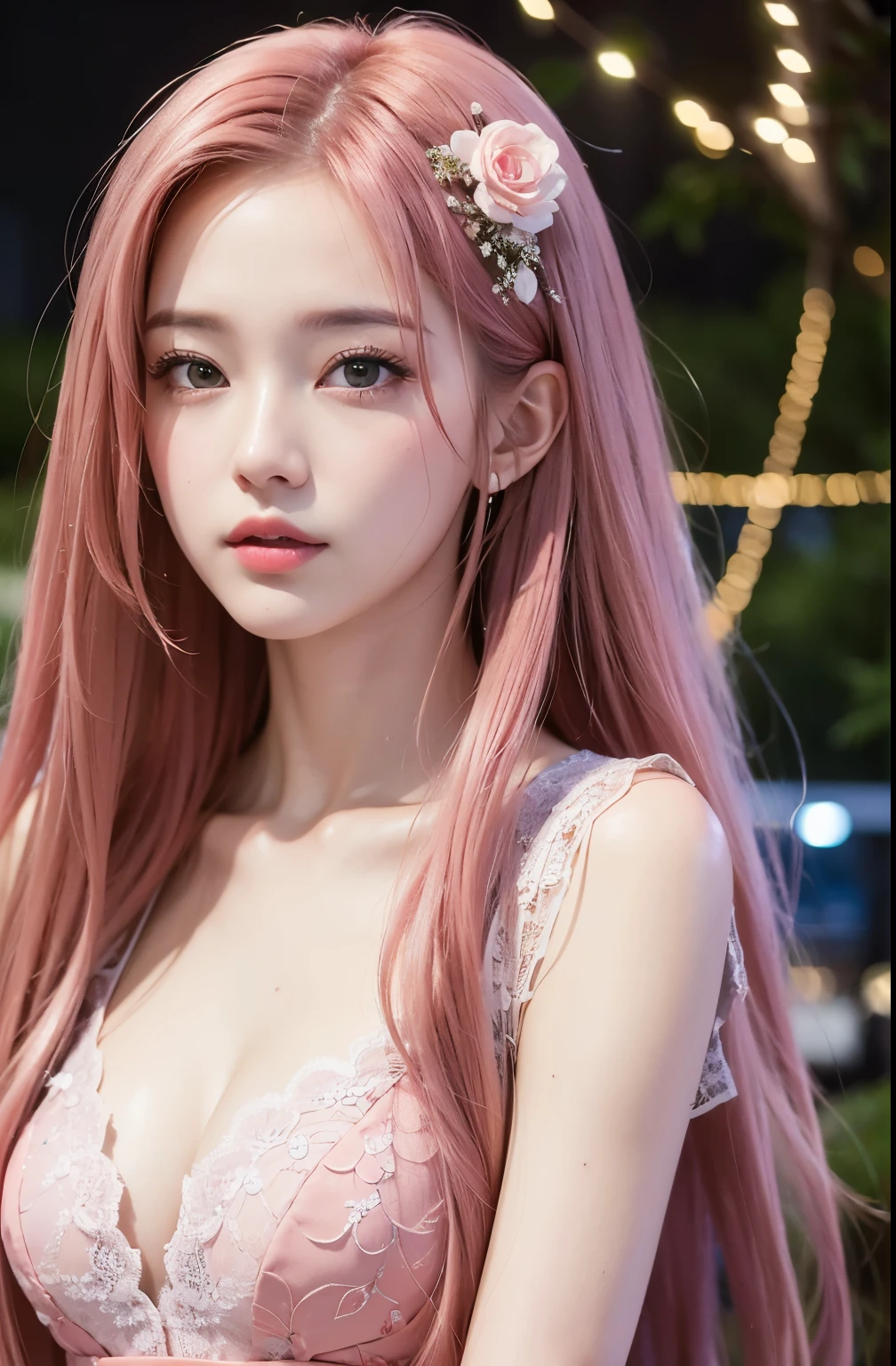 ((Highly detailed CG)), ((8k)), beautiful girl, flowers, suit, forest, city night view, female, beautiful face, long pink hair