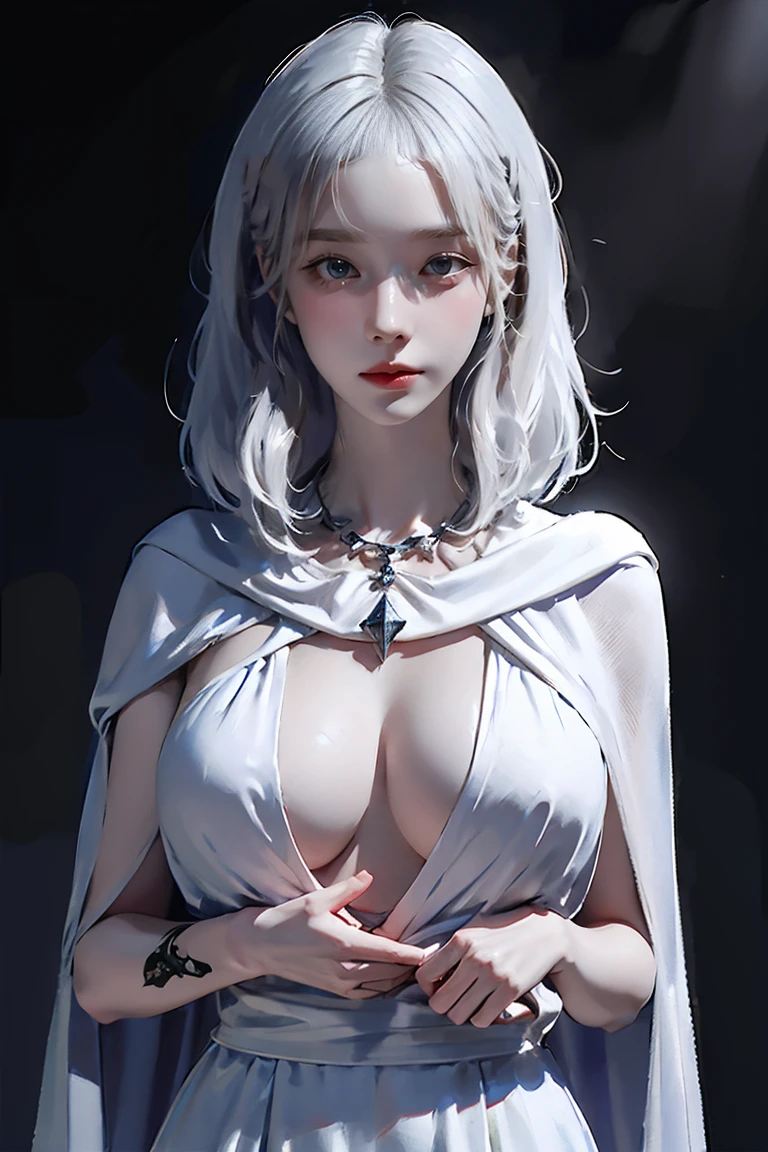 ((woman with tattoo on chest)), girl, Short white hair with bangs, Black strands of hair, Purple eyes, White T-shirt and white cape, Pendant around the neck. Natural and beautiful standing posture, Crisp and realistic body detail. 超High resolution.Photorealistic:1.4,超High resolution. Realistic，High resolutionで, masterpiece, Highest quality, Very detailed, Better Shadows, Volumetric lighting), super high quality, High resolution, 8k, 超Realisticな肖像画 , Photorealistic, Dynamic Lighting, Volumetric lighting, Very detailed顔,(NSFW:0.9),Large Breasts,Full Body Stand Posture,