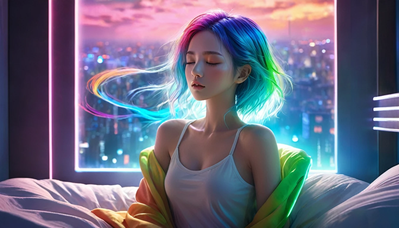 {{masterpiece}}, Highest quality, Highly detailed CG synthesis 8k wallpaper, Cinema Lighting,Futurism， Woman sleeping in bed，Close your eyes and sleep，Huge window behind， quiet night. , Multi-coloured hair, (Colorful Hair:1.5),