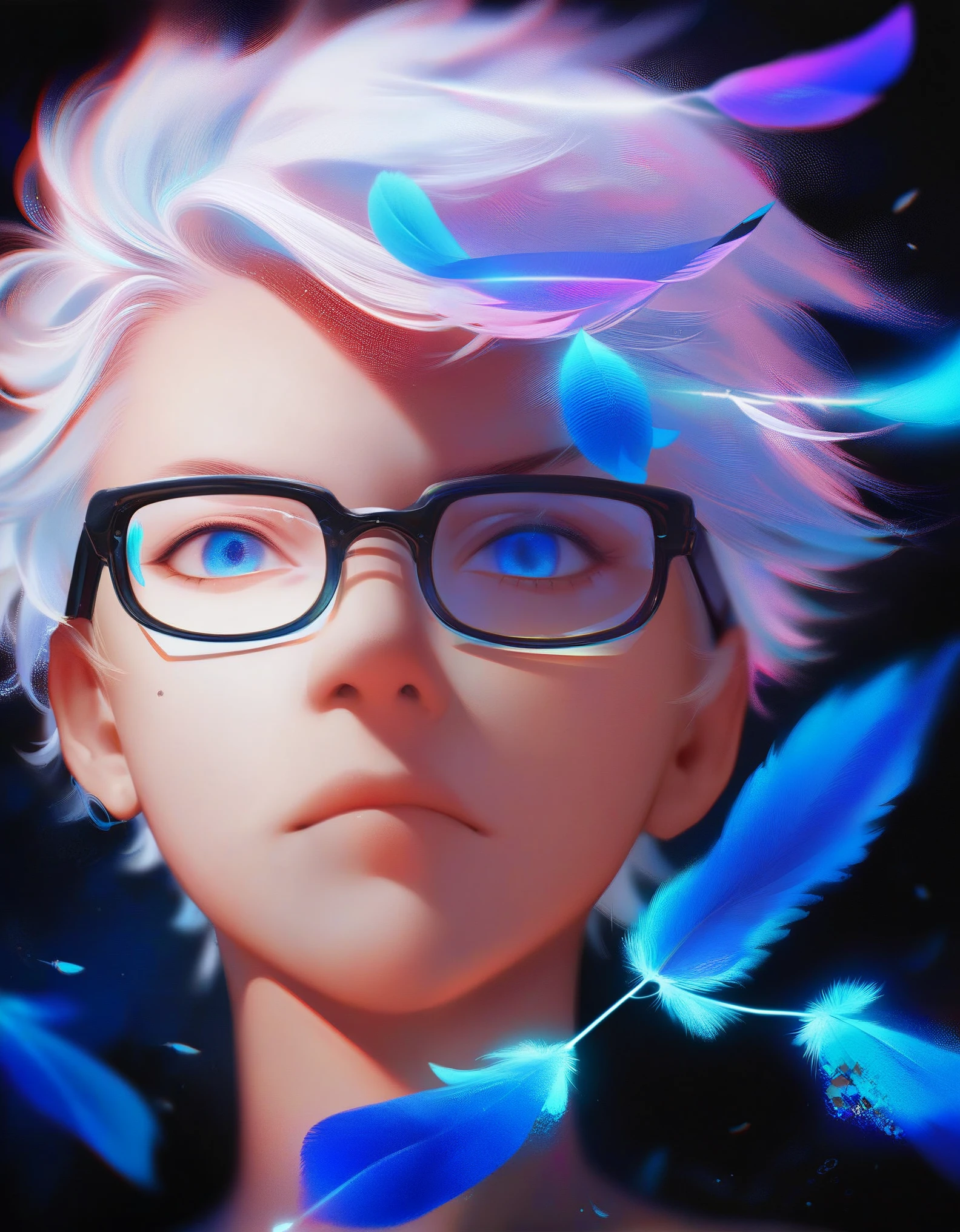 (score_9, score_8_up, score_7_up), zPDXL, 1 boy, alone, looking at viewer, simple warm colored background, neon blue eyes, close-up, short hair, white hair, broken glasses, lenses, neon blue feathers falling, serious look, determination, dark aura, front view, masterpiece, best quality, hyper detailed, cinematic light, intricate detail, high resolution, official art, detailed glow, blue light feathers, portrait, the pupil of the eyes with detailed structures, miracle, dark atmosphere, neon blue feathers, mole, jewelry accessories, diffraction peak, vibrant colors, concept artist, electronic links, falling feather