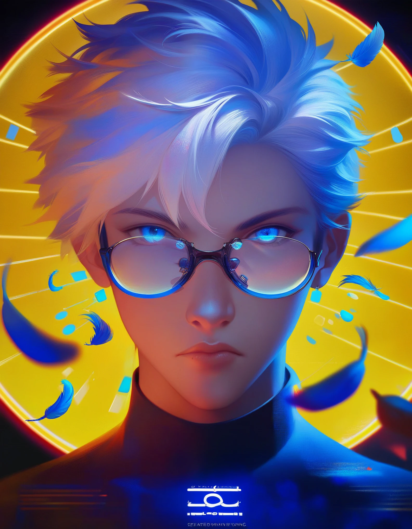 (score_9, score_8_up, score_7_up), zPDXL, 1 boy, alone, looking at viewer, simple warm colored background, neon blue eyes, close-up, short hair, white hair, broken glasses, lenses, neon blue feathers falling, serious look, determination, dark aura, front view, masterpiece, best quality, hyper detailed, cinematic light, intricate detail, high resolution, official art, detailed glow, blue light feathers, portrait, the pupil of the eyes with detailed structures, miracle, dark atmosphere, neon blue feathers, mole, jewelry accessories, diffraction peak, vibrant colors, concept artist, electronic links, falling feather