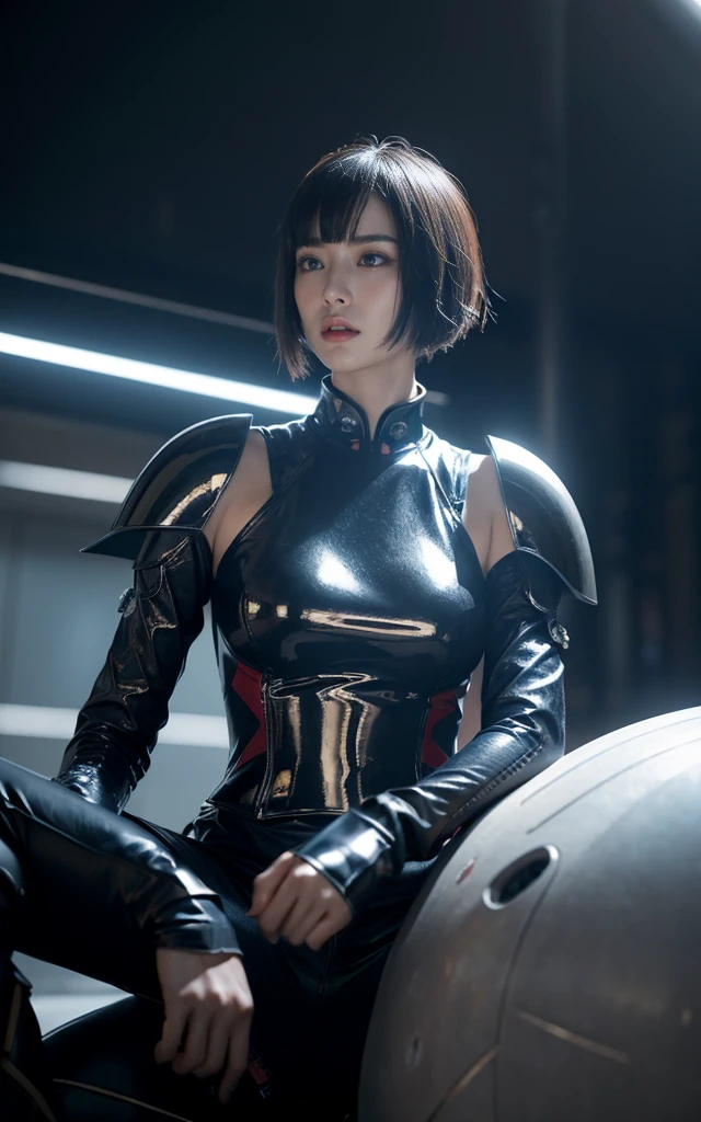 Alien technology fashion , fashion photography , Inspired by Cyberpunk。(best quality,4K,8K,high resolution,masterpiece:1.2), (Practical,Reality,Photo-real:1.37).masterpiece,Game Art,Best picture quality,最high resolution,8K,,Unreal Engine 5 rendering works,(Digital Photography), 20 year old girl,Short hair details,Long bangs,(The red eye makeup is carefully applied),(Large target, Full breasts),Elegance and nobility,Brave and charming,（Half-length photo）（Riding a big sci-fi cool blue motorcycle)（Exaggerated sci-fi avant-garde motorcycle racing） (The future armor combines the characteristics of Chinese armor,hollow-carved design,Power Armor,Mysterious oriental runes,Exquisite clothing patterns,Magic Flash),Future Warrior,Cyberpunk Characters,War Background, light，Ray Tracing，Game CG，((3D Unreal Engine))，OC rendering reflection mode，blur background