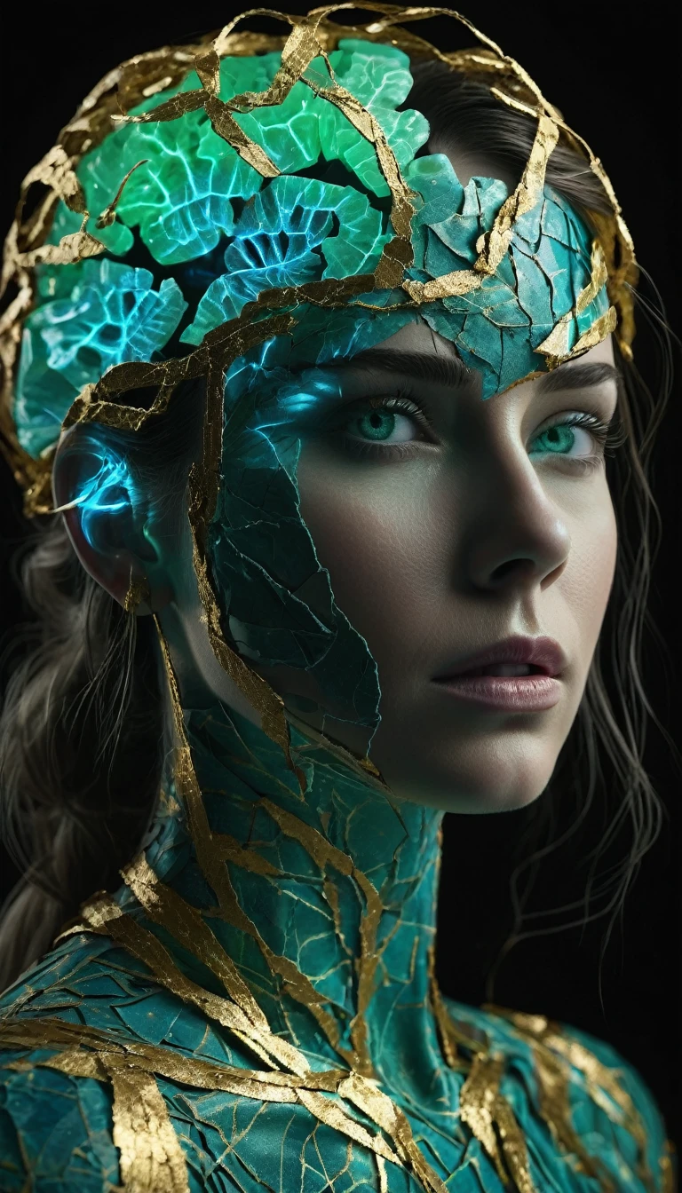 side view xray neon (kintsugi face:1.5) (torn paper body:1.5) chiaroscuro woman (translucent glowing brain:1.5), (grey-blue eyes:1.4), vibrant, candid cinema, 16mm, remarkable color, ultra realistic, shot with cinematic camera, (neon fractal strands green-gold glow:1.5), subsurface scattering, shadows, red sidelight, short neck, (long flowing hair:1.5) sophistication. cinematic lighting, masterpiece, 8k, ultra-detailed, hyper-realistic, photorealistic