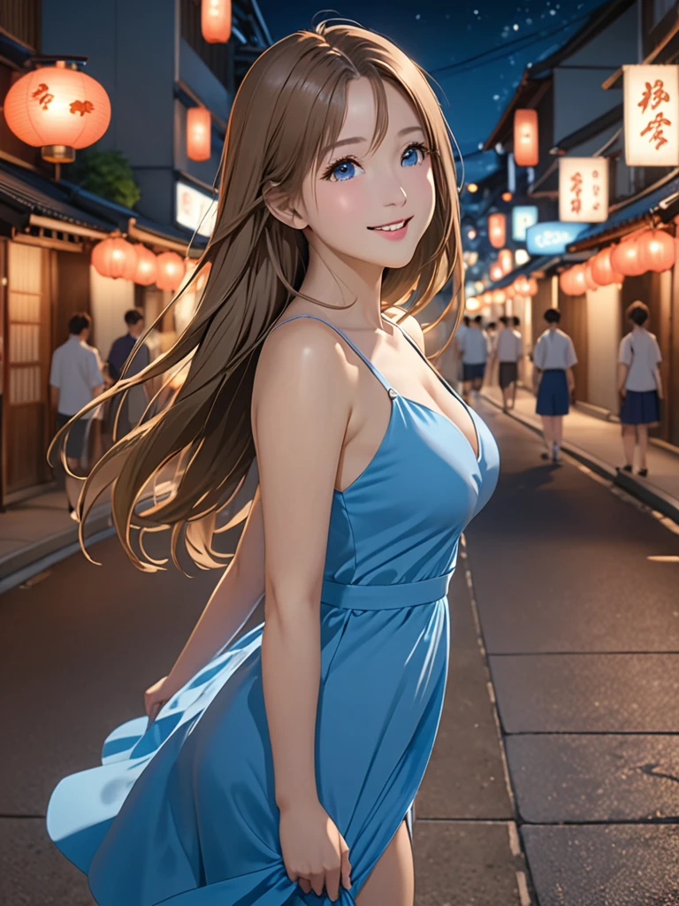 masterpiece, High resolution, figure, Kyoto Animation Style, Your Name Movie Style, night, mid-night, Light, (1girl:1.3), (alone:1.4), Long eyelashes, sleek straight hair, long hair, light brown hair color, posing on the city street, blue dress, (((in heat, aroused, wishful))), ideal ratio body proportions, sagging breasts, from above, looking at viewer, smile a little,