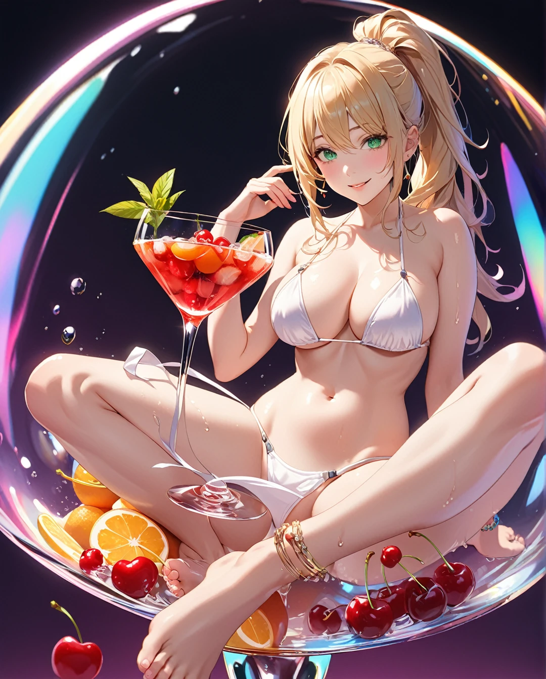 (an artsy), (woman sitting on top of a martini glass), eating lemons, 1girl, sitting on cocktail glass, legs up,  Highest quality、Best image quality、masterpiece、One Girl、26 years old、Best Bust、Big Breasts、Beautiful Eyes、blonde, Green Eyes、untie ponytail、Long Hair、Natural smile、low angle shot, from below, Ultra-small micro bikini、fruit, 独奏, cup, breasts, food, barefoot, navel, drinking glass, looking at viewer, in cup, feet, bracelet, cocktail, toes, jewelry, full body, cherry, Many colorful fruits are lined up on the floor、Wet body、dark gradation background