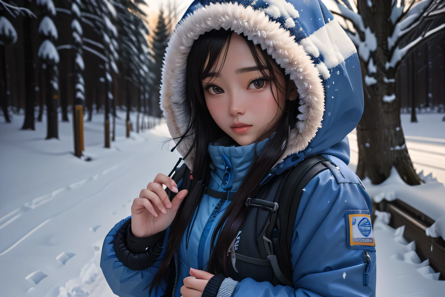 On the snowy trail,Wearing a blue jacket、Hooded Aramean woman, Action shot of girl wearing parka, Backlit shot of a girl wearing a parka, wearing ice crystals, Portrait of a Japanese ager, extreme cold, Shot with Sony a7r camera, cold, Kawaichi Rinko, Shot with Canon EOS 5D, Shot with Canon EOS 5D mark iv