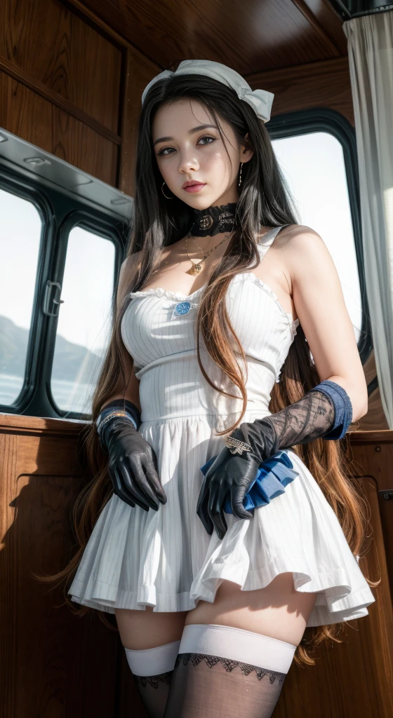 ((best quality)), ((masterpiece)), ((1girl)), solo, penis gag, Ferry, ((long hair)), FerryBase, ((thighhighs)), bare shoulders, ((jewelry)), ((sleeveless)), white dress, blue skirt, ((gloves)), thigh-high.