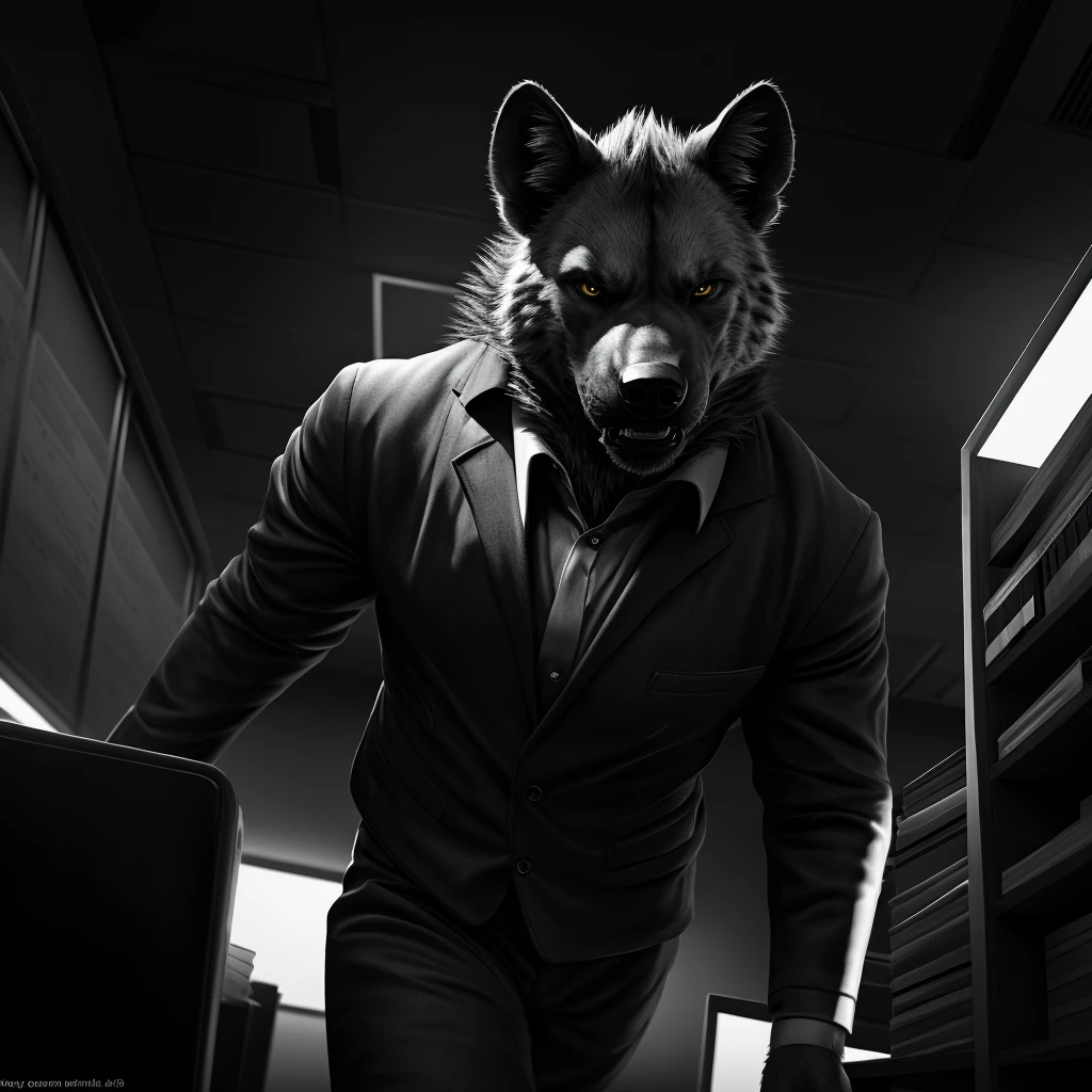 A fierce hyena, a furry corporate worker, detailed fur texture, hyper-realistic, 8k, highly detailed, photorealistic, cinematic lighting, dramatic angle, dark and moody atmosphere, dynamic pose, intense expression, corporate office background, monochromatic color palette, dramatic lighting, intricate details, ultra-detailed