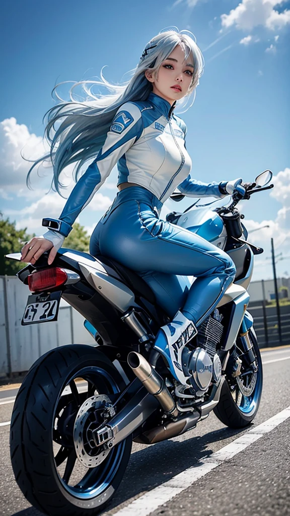 Long Hair, solo, Cute beauty blue sky、White cloud、Silver Hair/Light blue mesh hair, Light blue eyes, High resolution, masterpiece, Long Hair, Hair blowing in the wind, Glamorous figure、The zipper on the chest comes down、Wear a full-face helmet、Wearing a motorcycle racing suit、Racing Boots、Racing Gloves、A large red racing motorcycle、Silver Hair, Blue Hair/Light blue hair, Ride a motorcycle、Cinematic dynamism、Riding a motorcycle in a forward-leaning riding pose。