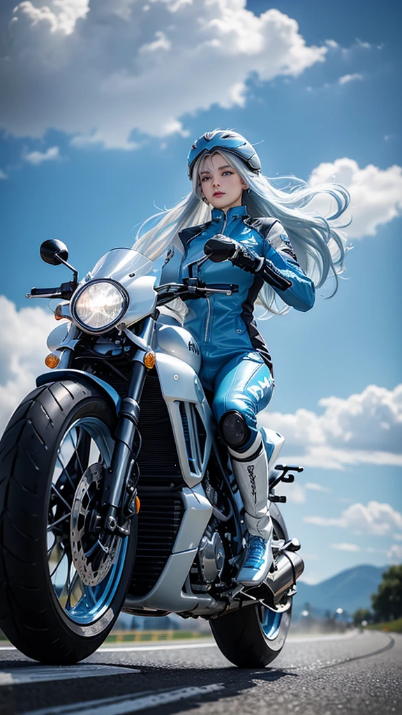 woman with very very long creamy blue hair , wearing creamy blue  outfit , with moons and roses pattern , black sun glasses , sitting on her motorcycle