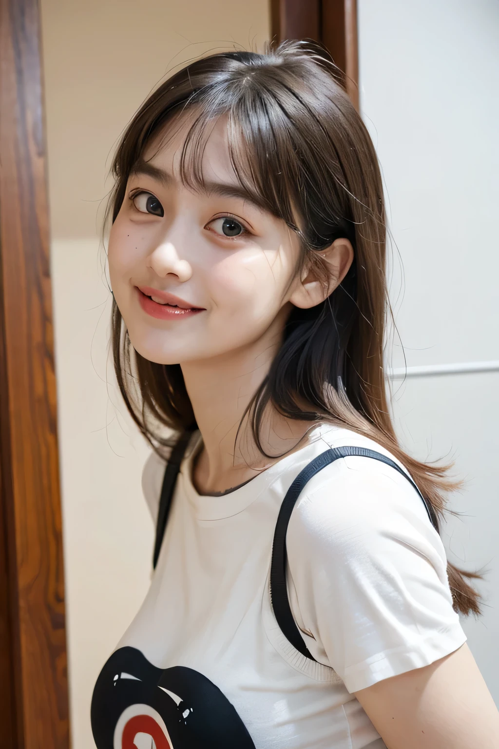 photo realistic, masterpiece, best quality, wearing a T-shirt, looking up, large breasts, smiling, in front of an apartment door,
BREAK
1girl, (((big round eyes:1.3))), (((childlike face:1.4))), (((round face:1.4))), (((tareme:1.3))), ((bangs:1.2))