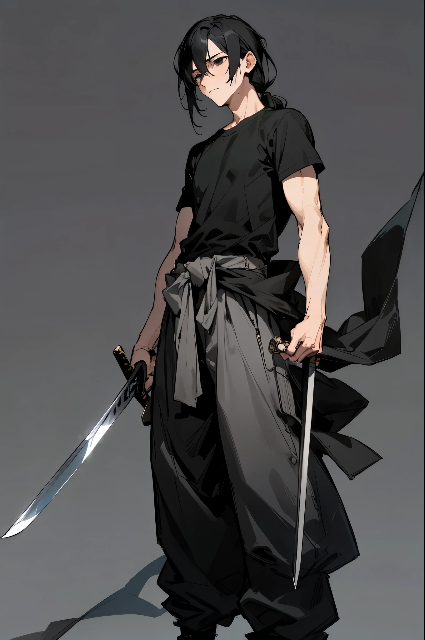 1male, black hair, let down hair, black eyes, detailed face, expressionless, black t shirt, black baggy pants, grey coat tied around waist, holding two sword, battlefield background