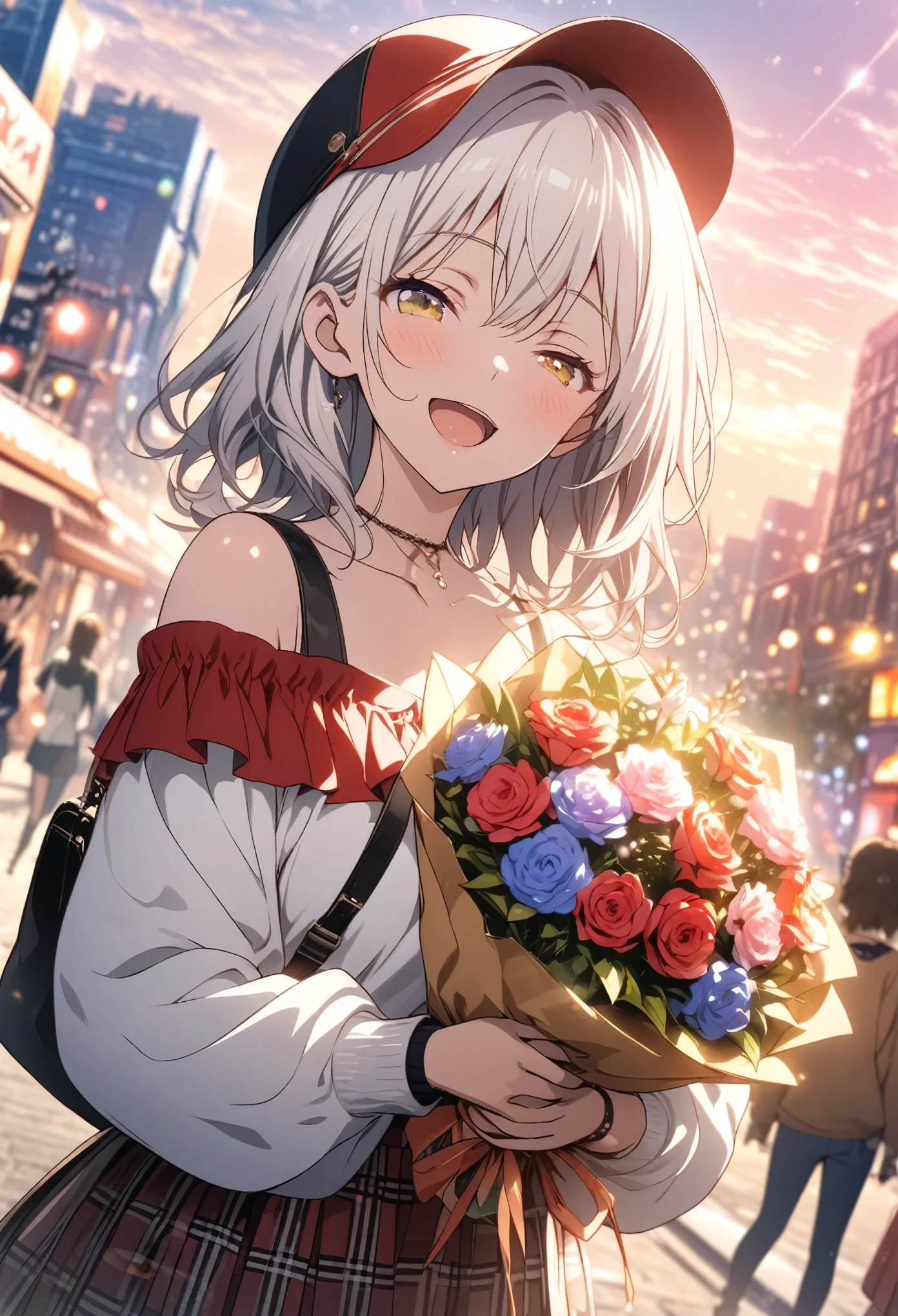 Two Girls, Holding a colorful bouquet, masterpiece, Highest quality, Highly detailed CG Unity 8K wallpapers, High School Girl Anime Illustration, wearing off-the-shoulder clothes, She is wearing a red and black checked skirt.., She closes her eyes and opens her mouth wide, smile. white hair color, Yellow Eyes, Bokeh, Street Style Fashion, Wear a hat, Shoulder bag included, Lens flare, The Rising Sun, Pink Sky, The background is the cityscape, Bokeh photo, (Soft Focus): 1.2, Out of focus highlights, Dreamy atmosphere, Fascinating Depth