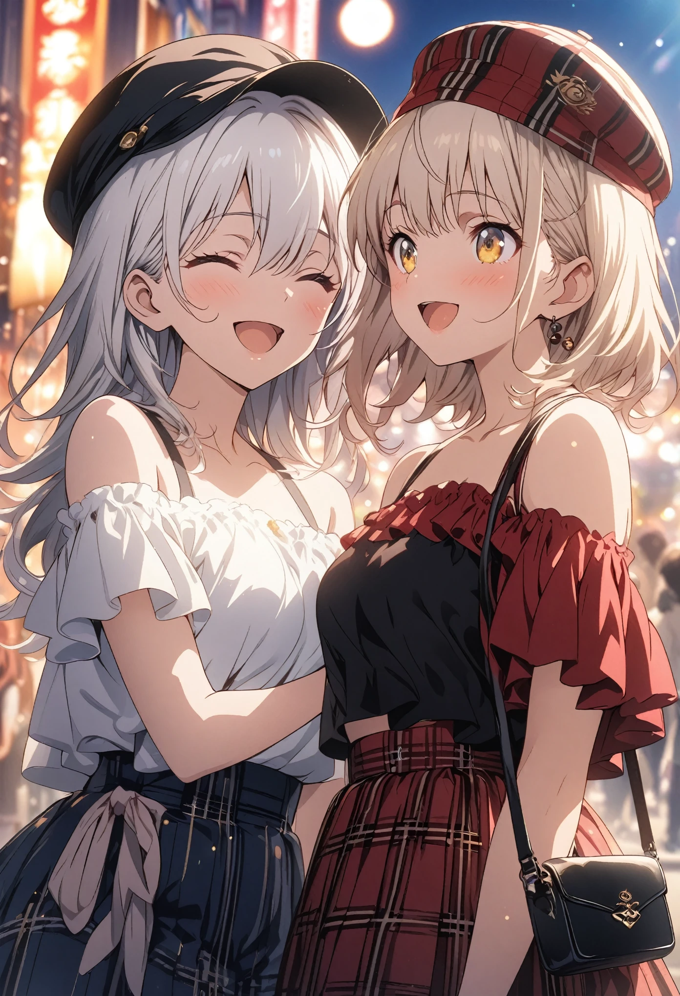 Two Girls, Holding a colorful bouquet, masterpiece, Highest quality, Highly detailed CG Unity 8K wallpapers, High Girl Anime Illustration, wearing off-the-shoulder clothes, She is wearing a red and black checked skirt.., She closes her eyes and opens her mouth wide, smile. white hair color, Yellow Eyes, Bokeh, Street Style Fashion, Wear a hat, Shoulder bag included, Lens flare, The Rising Sun, Pink Sky, The background is the cityscape, Bokeh photo, (Soft Focus): 1.2, Out of focus highlights, Dreamy atmosphere, Fascinating Depth