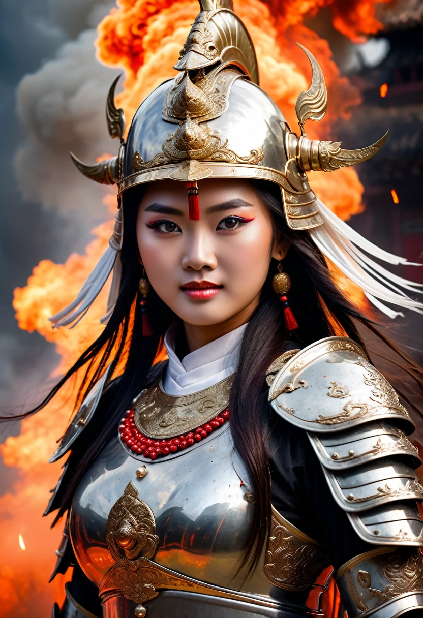 Close-up of an immortal female warrior in Vietnamese mythology, 18 years old, decorated with pearls, majestic and majestic, bright eyes, long hair, extremely beautiful, shiny iron armor, fierce iron helmet, weapon is a tightly rolled bundle of ivory bamboo, invincible female warrior, ((background of smoke, fire, lightning)), ((blood stains on armor, helmet)).
The eyes are filled with hatred and the power to destroy enemies. Behind are traces of blood and violence. The sky is filled with swirling, fiery clouds. The photo conveys a strong sense of the appearance of a warrior, ((smiling))