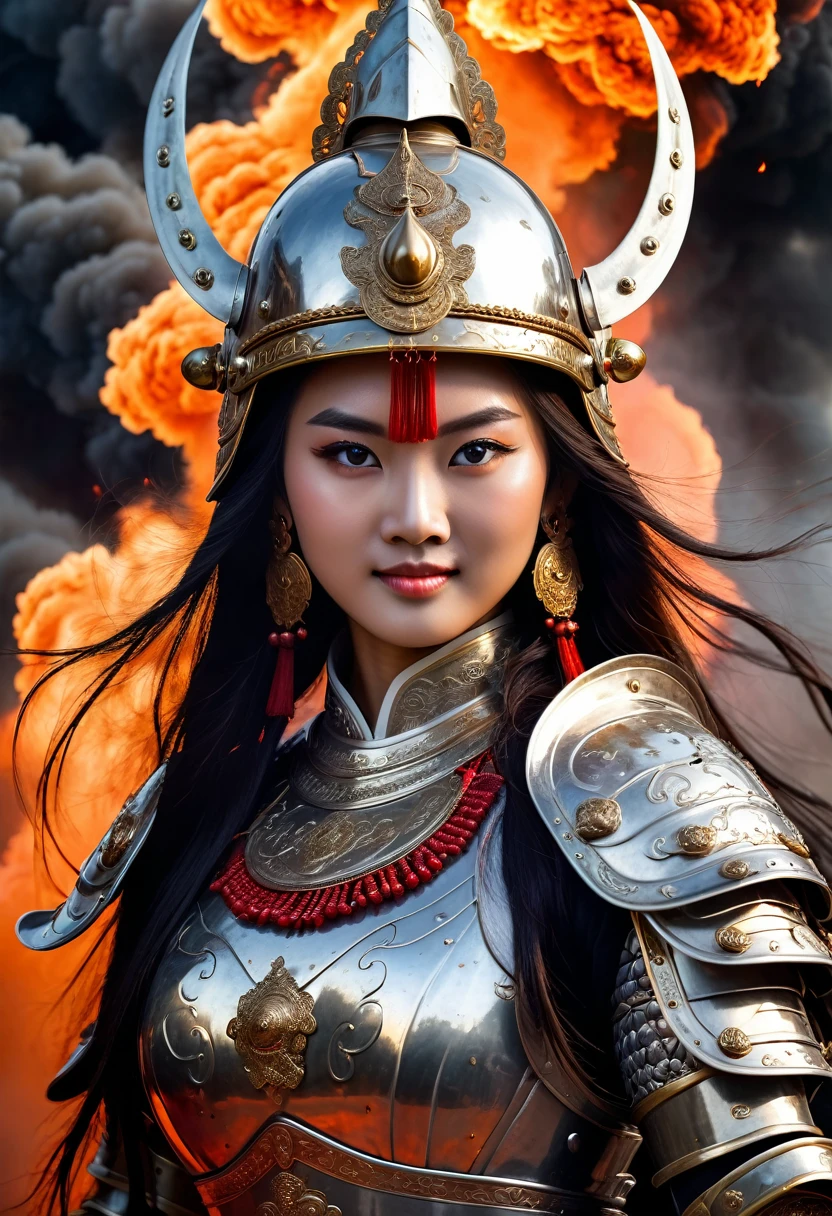 Close-up of an immortal female warrior in Vietnamese mythology, 18 years old, decorated with pearls, majestic and majestic, bright eyes, long hair, extremely beautiful, shiny iron armor, fierce iron helmet, weapon is a tightly rolled bundle of ivory bamboo, invincible female warrior, ((background of smoke, fire, lightning)), ((blood stains on armor, helmet)).
The eyes are filled with hatred and the power to destroy enemies. Behind are traces of blood and violence. The sky is filled with swirling, fiery clouds. The photo conveys a strong sense of the appearance of a warrior, ((smiling))