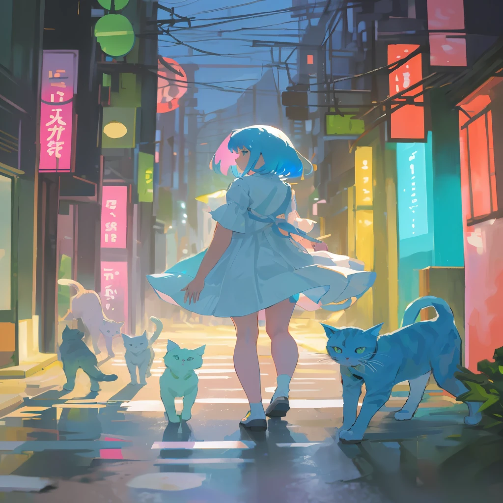 Anime girl with blue hair and a white dress walks with cats around the city, anime style 4 k, anime art wallpaper 8k, anime style. 8 K, anime cat girl, anime style illustration, anime art wallpaper 4k, anime styled digital art, Anime Art Wallpaper 4k, beautiful anime cat girl, Очень красивая anime cat girl, Nothing, Beautiful anime style