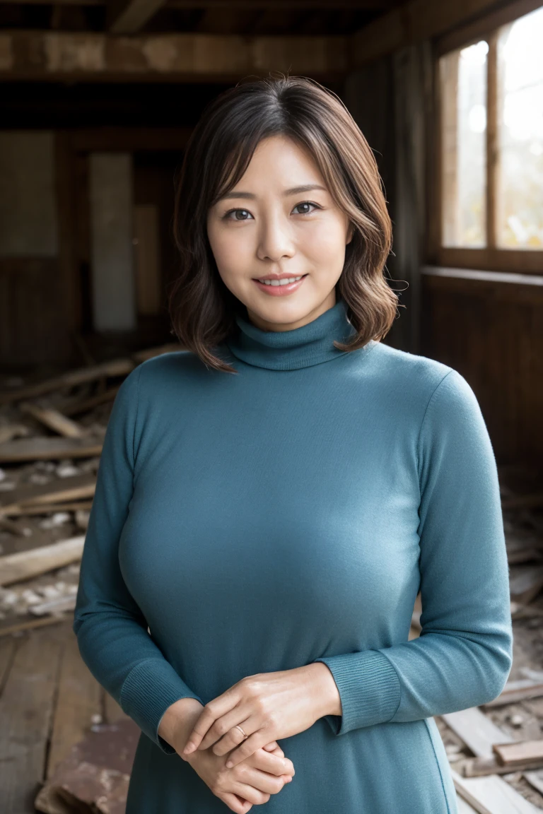 Osaka's aunt、Organic Photography、Highest quality、masterpiece、Ultra-high resolution、Beautiful old lady、50 years old、Looking at the audience、Elegant face、Smiling with teeth showing、Large Breasts,Wear a simple turtleneck dress、Wavy Hair、hot pants,In an abandoned house,Collapsed house,Background Blur