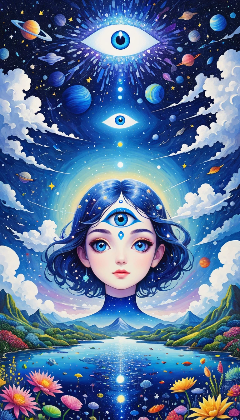 Psychedelic Art。plant、Marine Life、(((Charming eyes,The Third Eye)))、cloud、Starry Sky,Galaxy、Planet、Stitching together an abstract painting,Describing the inner world of autistic people,Sense of space,Blank,White space,Pointillism method,Childish lines,Klein Blue,Incorporating Monet's artistic style