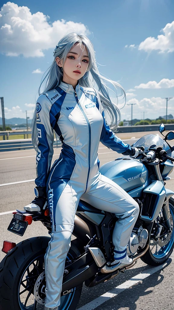Long Hair, solo, Cute beauty blue sky、White cloud、Silver Hair/Light blue mesh hair, Light blue eyes, High resolution, masterpiece, Long Hair, Hair blowing in the wind, Glamorous figure、The zipper on the chest comes down、Wear a full-face helmet、Wearing a motorcycle racing suit、Racing Boots、Racing Gloves、A large red racing motorcycle、Silver Hair, Blue Hair/Light blue hair, Ride a motorcycle、Cinematic dynamism、Riding a motorcycle with the handlebars held in a forward-leaning position。
Overlooking, 