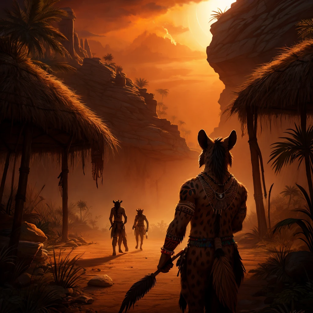 a tribal shaman of a hyena clan, 3 hyena-like humanoid figures facing away, furry detailed skin, detailed tribal tattoos, dramatic lighting, digital art, cinematic composition, warm color palette, hyper detailed