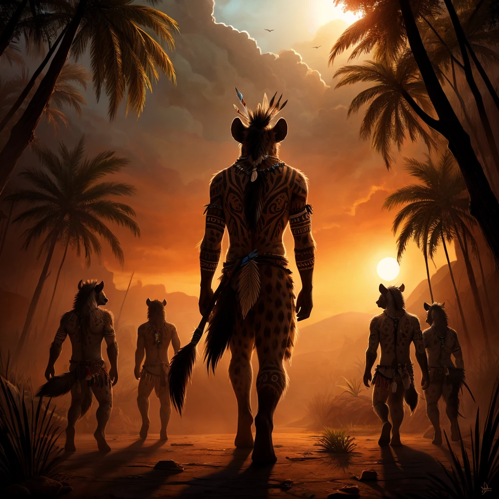 a tribal shaman of a hyena clan, 3 hyena-like humanoid figures facing away, furry detailed skin, detailed tribal tattoos, dramatic lighting, digital art, cinematic composition, warm color palette, hyper detailed