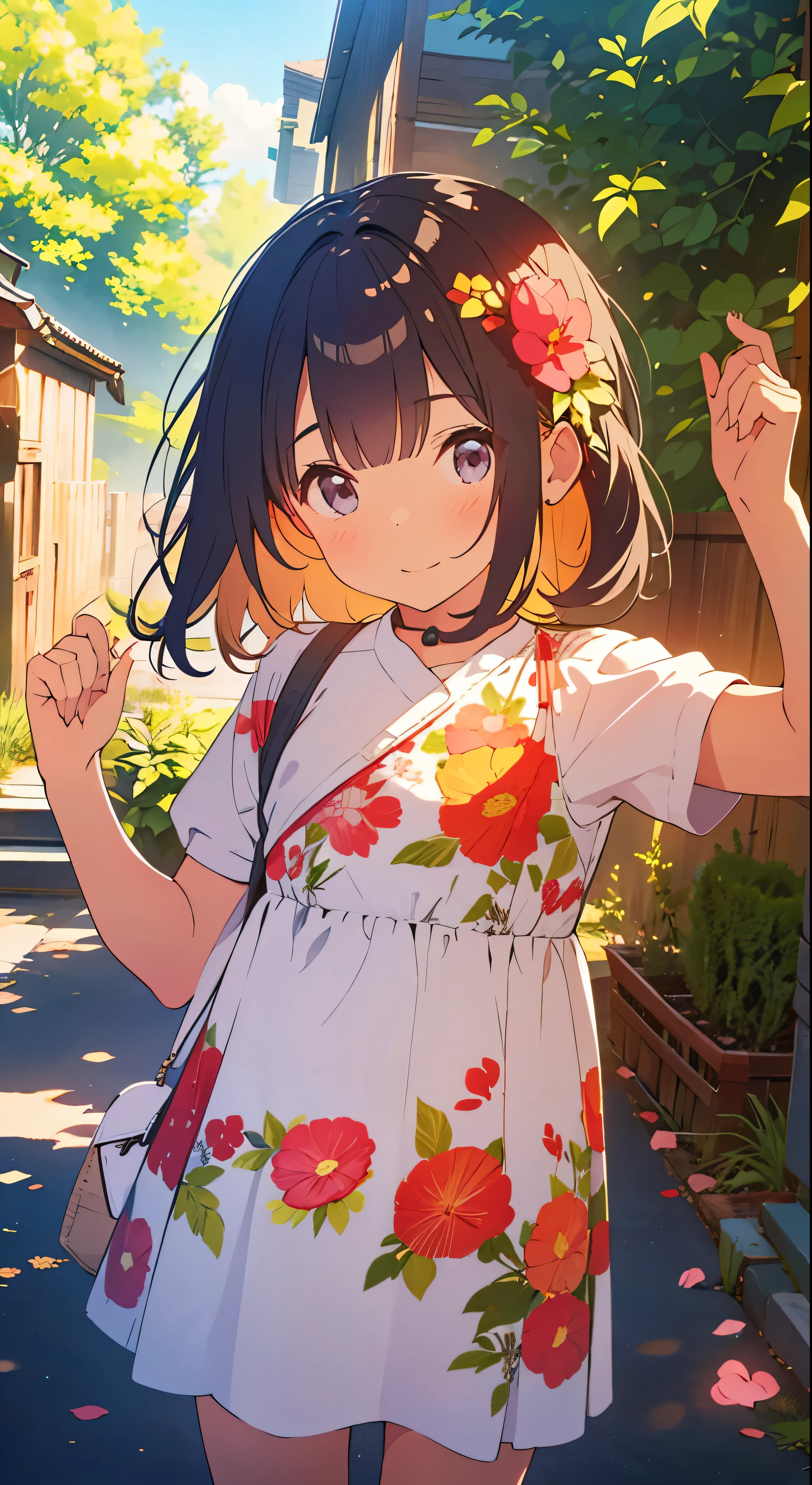 In the garden full of flowers, under the sunlight, little girls in floral dresses are dancing