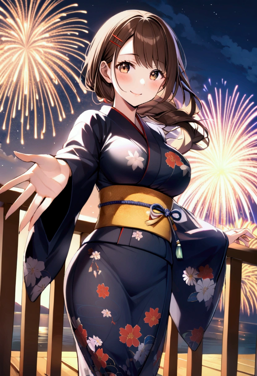 slender, mature female, fireworks, rating:safe, japanese_clothes, kimono, 1girl, brown_hair, smile, brown_eyes, hairclip, hair_ornament,night, looking_at_viewer, sash, obi, outstretched_hand, floral_print, breasts, water, bangs, yukata, solo, wide_sleeves,  outdoors, large_breasts,blush, sky, , night_sky, railing, eyebrows_visible_through_hair, long_sleeves, closed_mouth, outstretched_arm, holding, aerial_fireworks, long_hair, standing